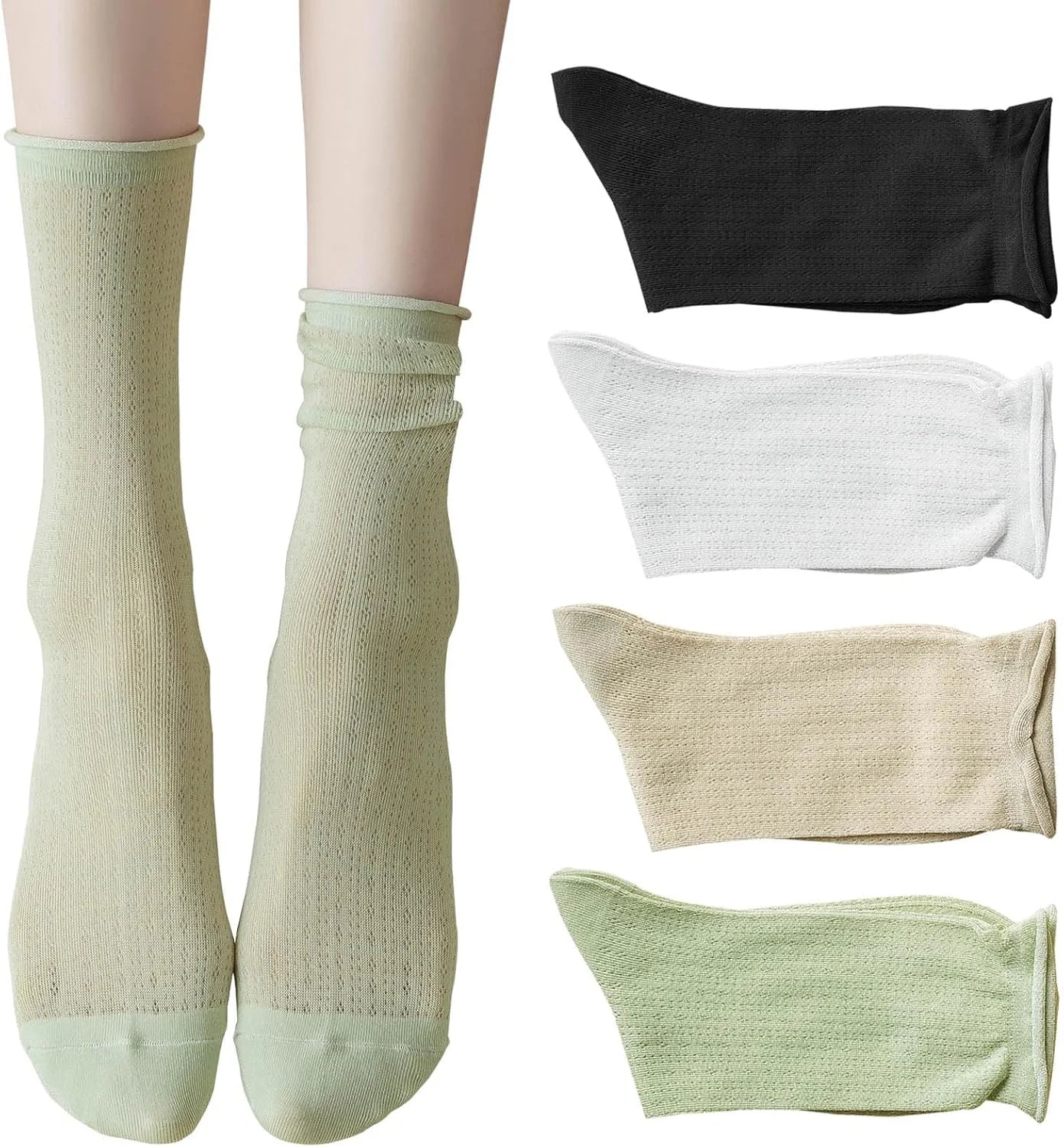 zrylibya Women Cute Roll Top Cuffed Thin Slouch Mesh Crew Socks 4 Pairs