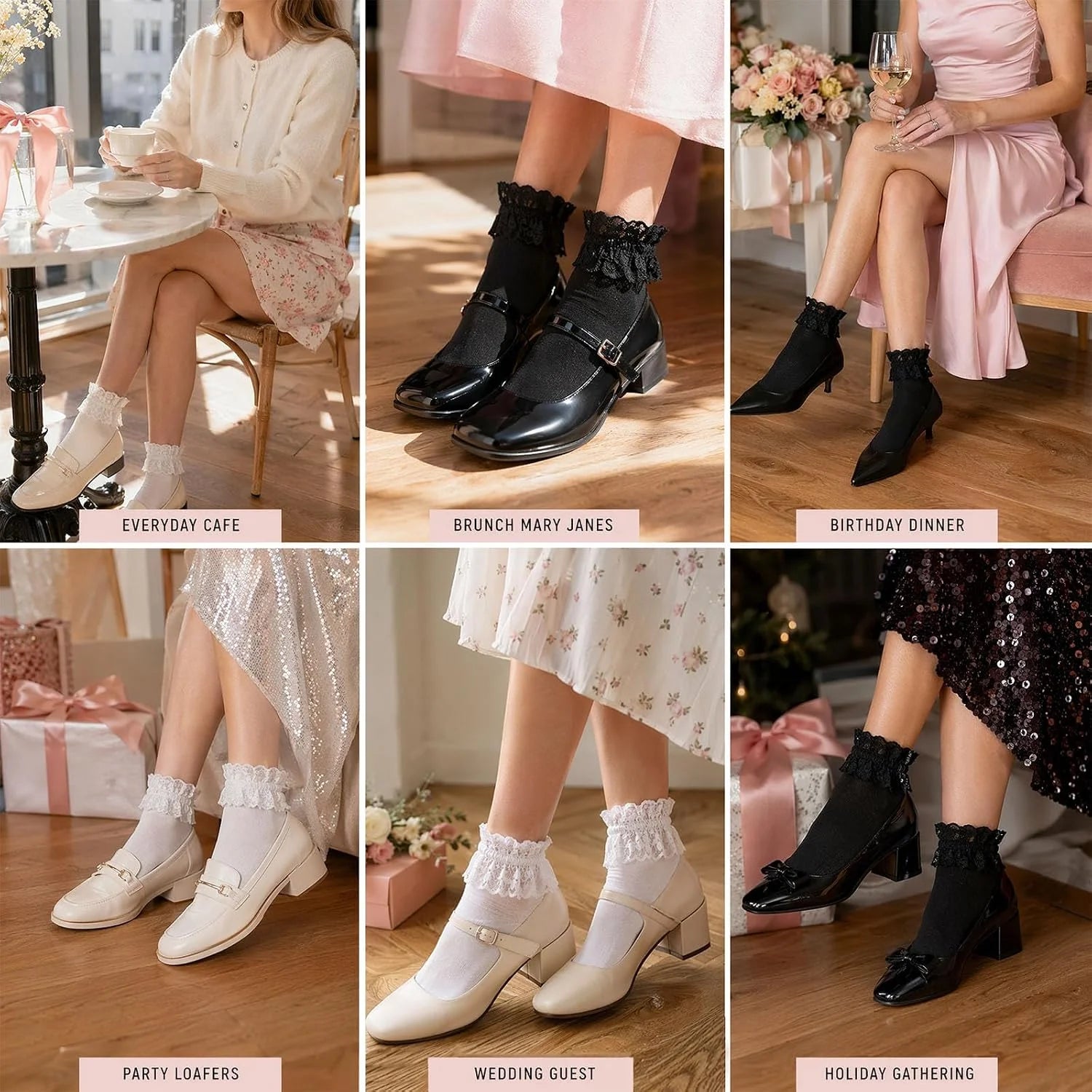 Women's Lace Ruffle Socks, White, Black, Cream Lace Socks with Ruffles Trim