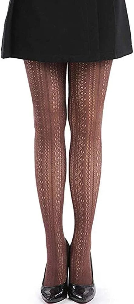 SurBepo Women Fishnet Hollow Out Knitted Patterned Thick Warm Stockings Tights Vertical Strips Pantyhose For Female