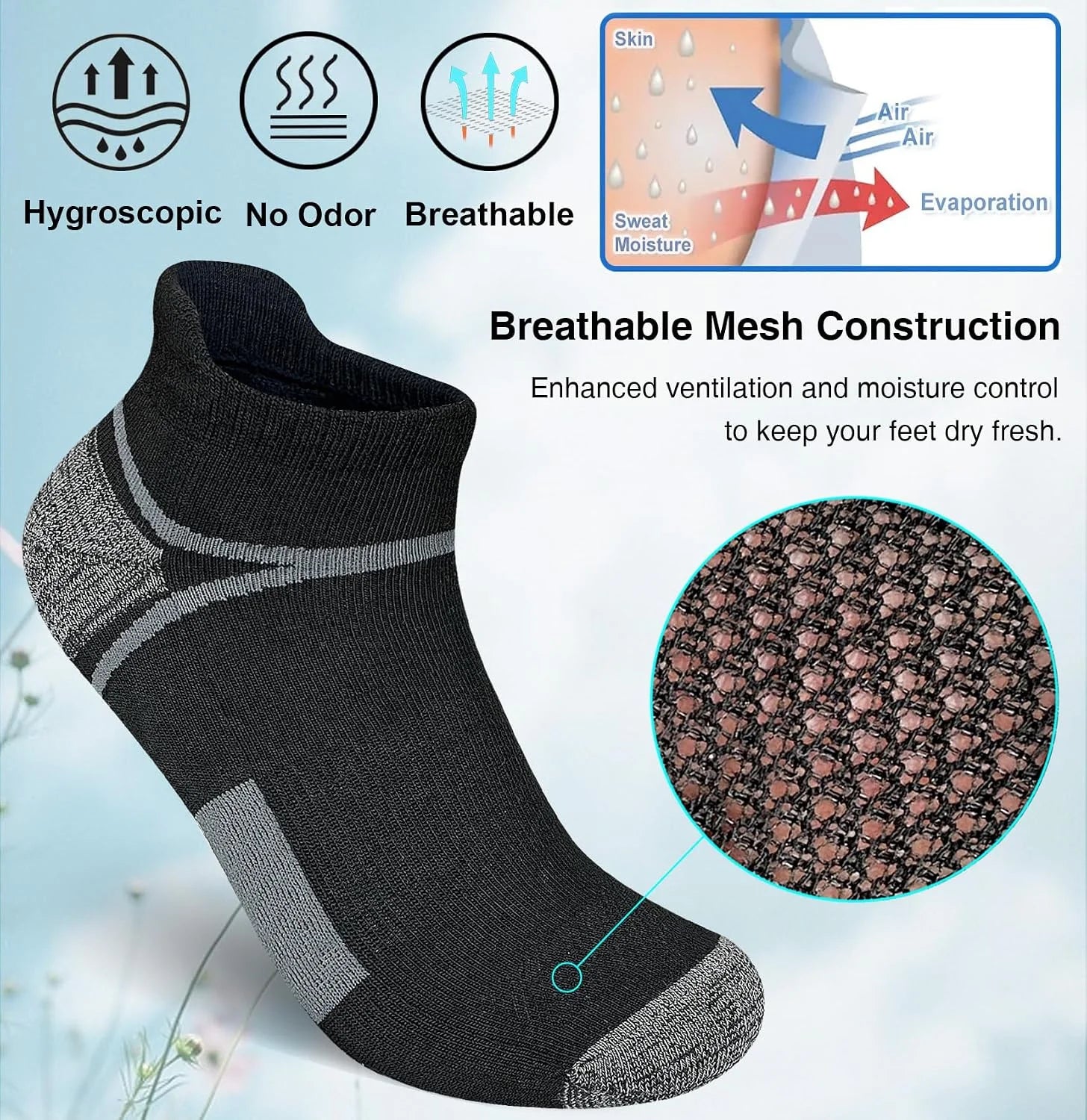 suaskk Men's Ankle Athletic Cushioned Anti-Blister Running Socks 5 Pairs