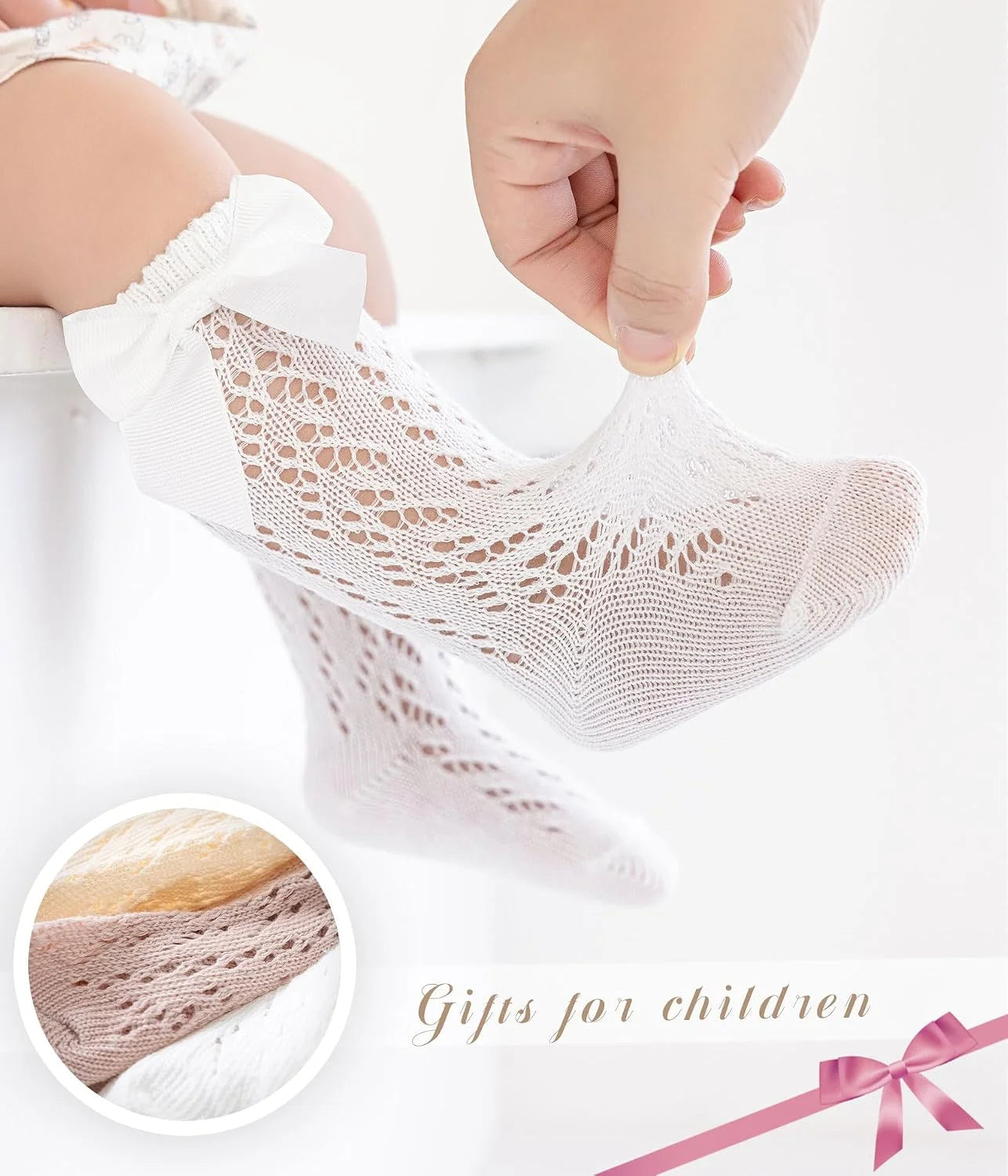 CHUNG Toddler Baby Girls Knee Hight Stocking Cotton Socks 0-7Years Solid Color Bowknot Thin Spring Summer