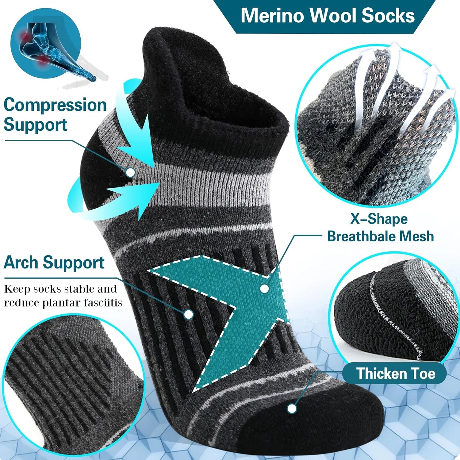 EBMORE 6 Pairs Merino Wool Ankle Hiking Running Socks Compression Support Thick Cushion No Show Socks for Men Women