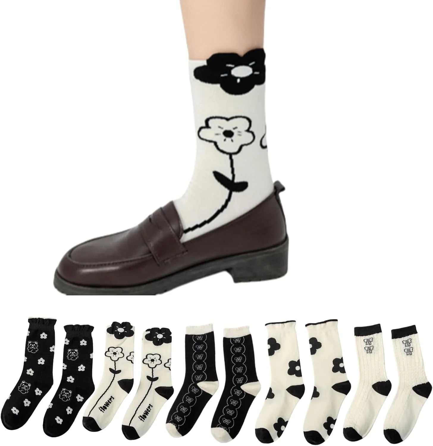 Flower Socks Women 5 Pairs Cute Retro Preppy High Ankle Cotton Sock Stripe Plaid Bow Socks