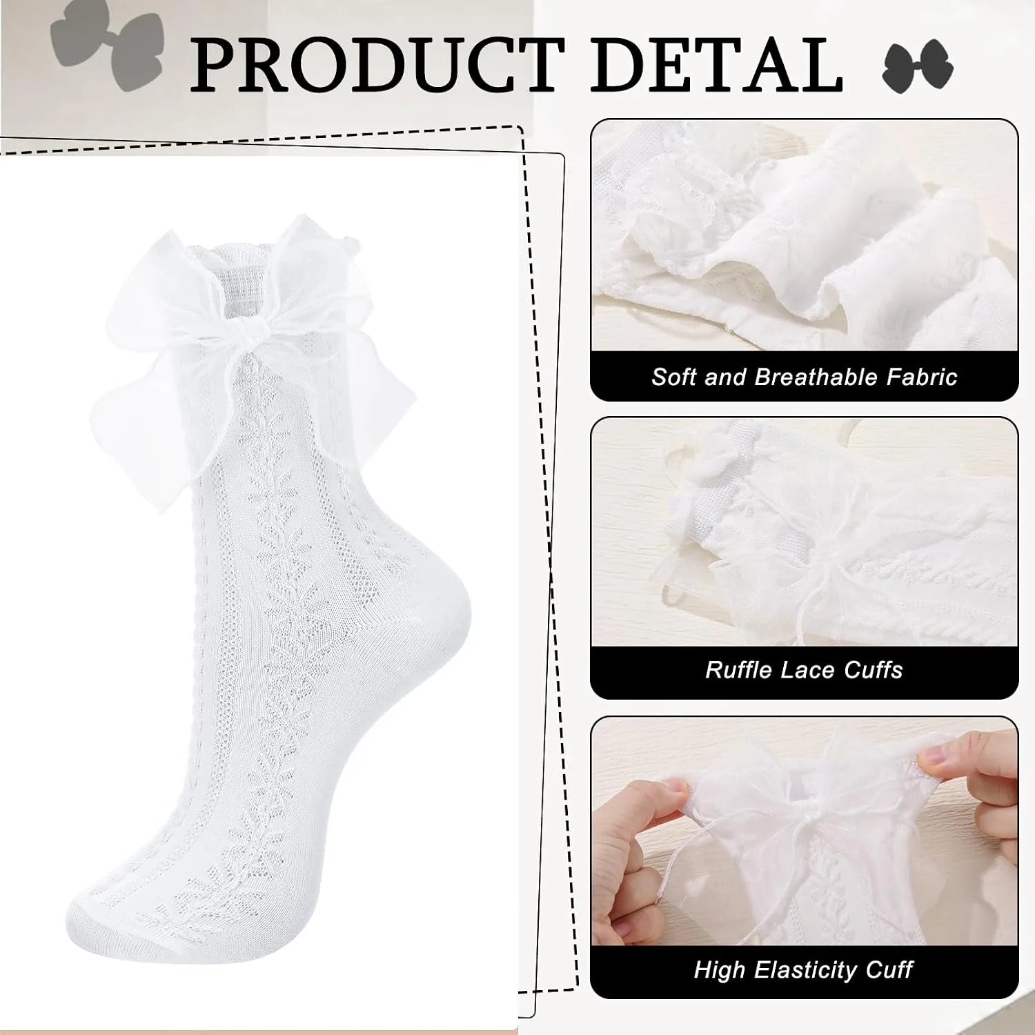 6/8 Pairs Women Lace Ruffle Crew Socks Frilly Bow Lolita Style