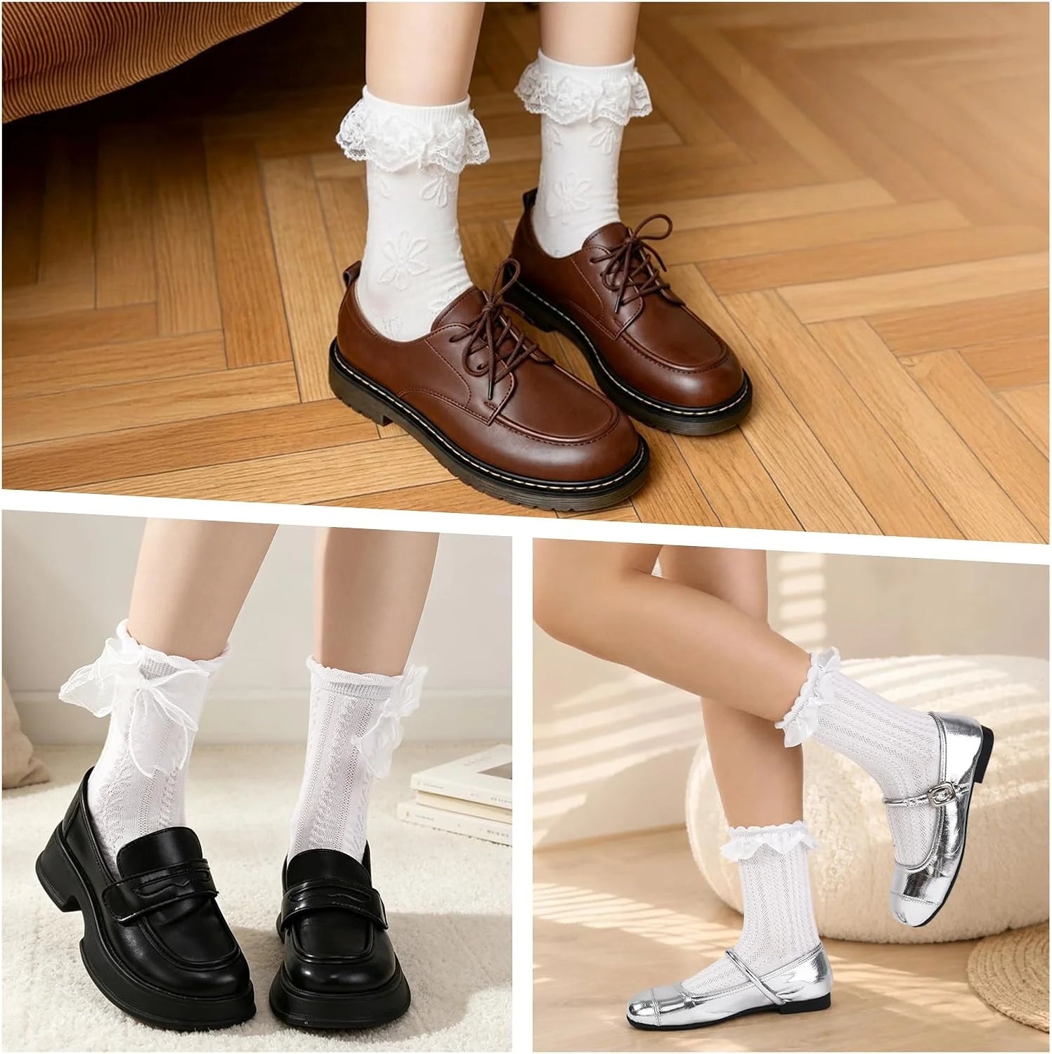 6/8 Pairs Women Lace Ruffle Crew Socks Frilly Bow Lolita Style