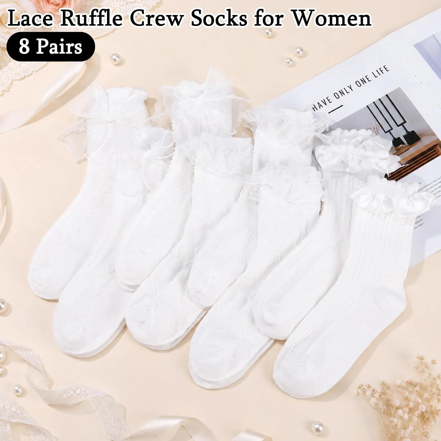 6/8 Pairs Women Lace Ruffle Crew Socks Frilly Bow Lolita Style