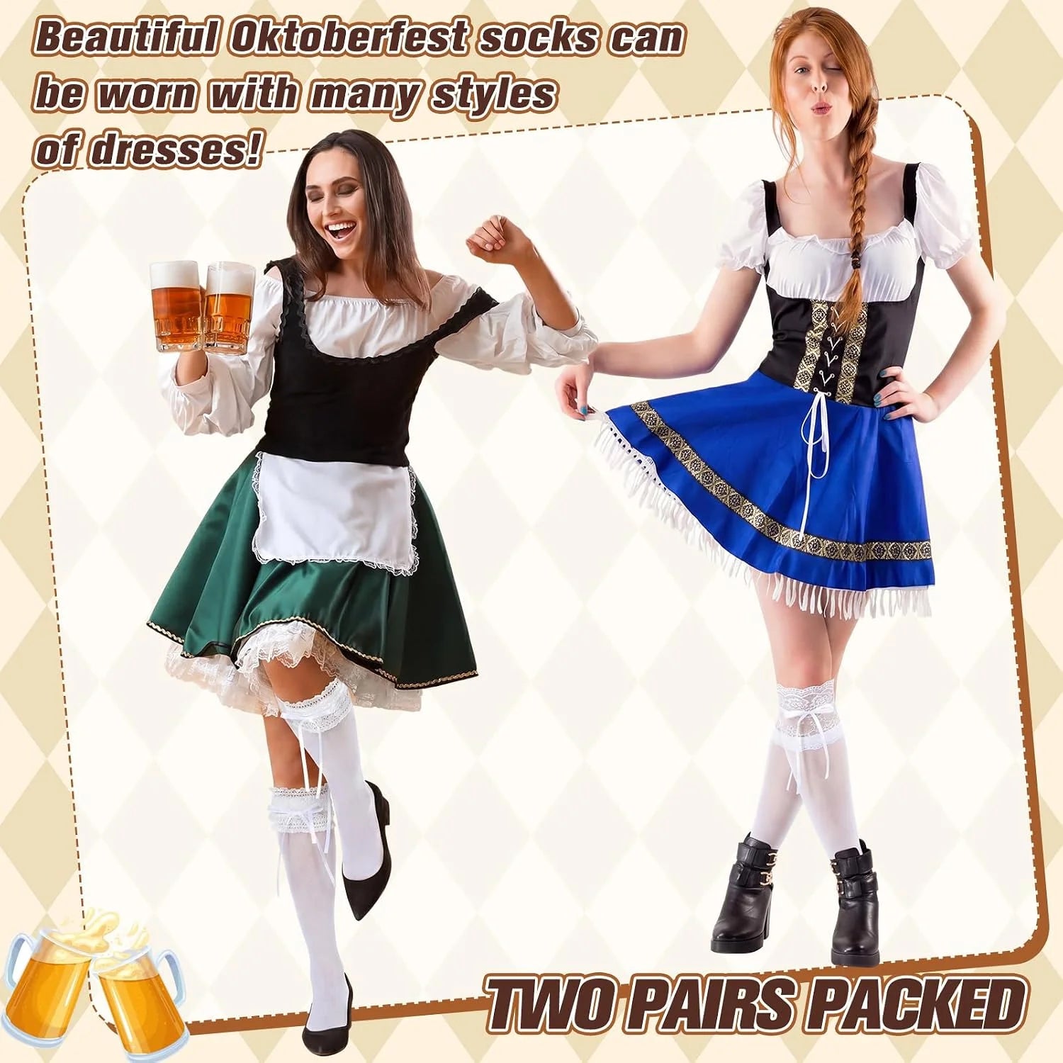 Suhine 2 Pair Oktoberfest Socks Dirndl Knee High Socks