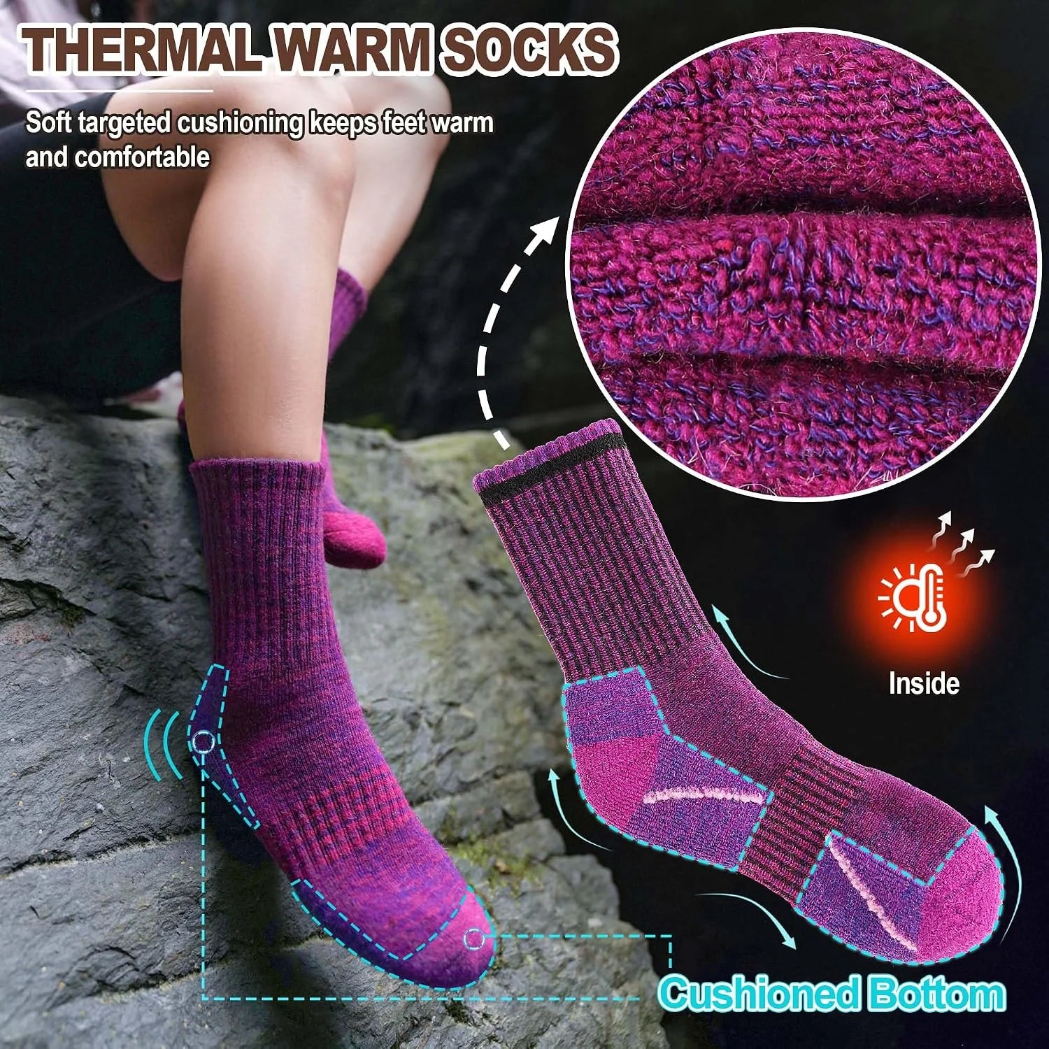 Sandsuced Merino Wool Hiking Socks Thermal Warm Winter Cozy Crew with Cushioned Sole & Moisture Wicking 5 Pairs for Women