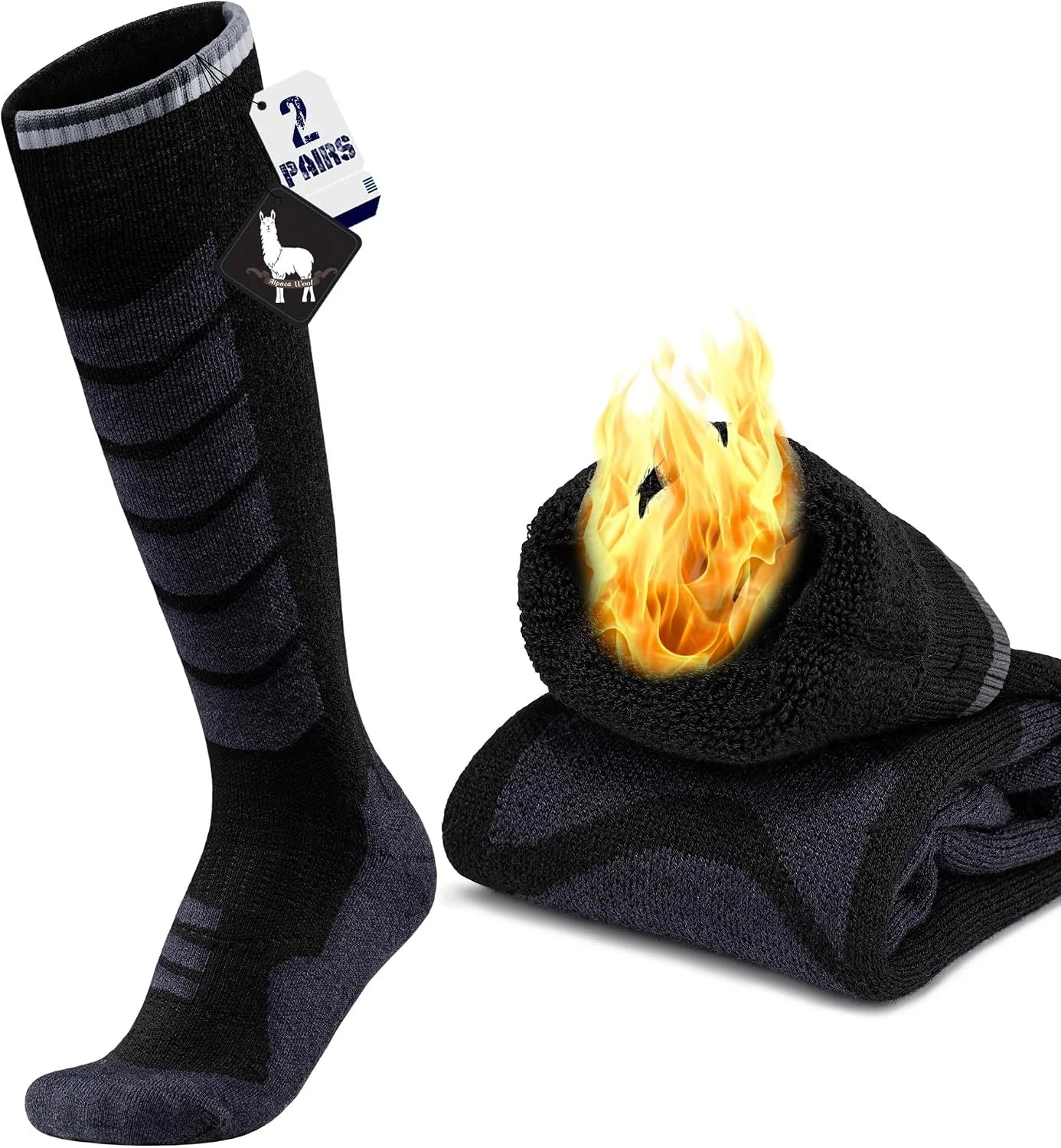 Alpaca Wool Ski Socks 2Pair Knee High Thermal Warm Winter Thick Cushion Compression Snow Snowboarding Hunting Outdoor