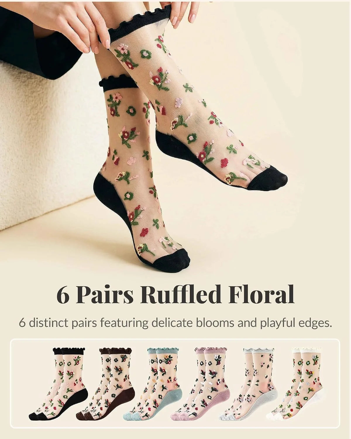 Jeasona Women Sheer Mesh Crew Socks, Cute Floral Heart Pattern Ruffle Ankle Transparent Fashion Socks for Women Girls