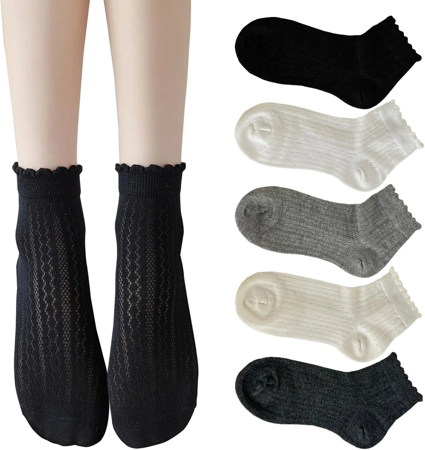zrylibya Cute Scalloped Pointelle Socks, Crochet Mesh Ankle Socks 5 Pairs