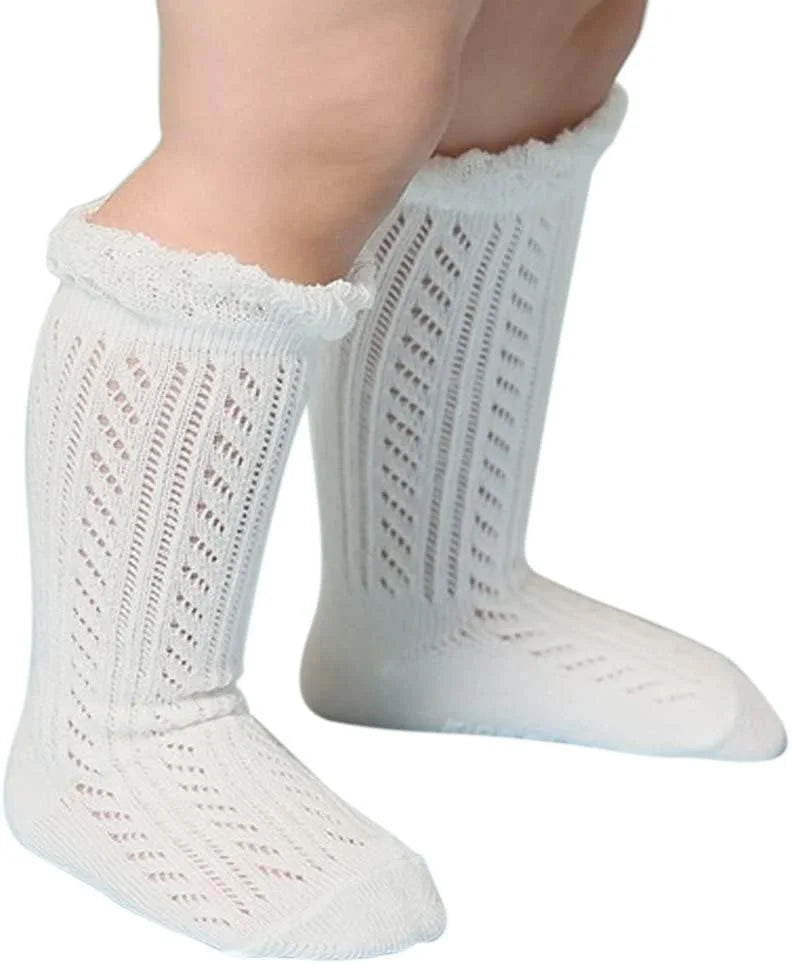 ACTLATI Baby Girls Knee High Socks Hollow Out Anti-skid Knitting Stockings Suitable for 0-2 Years Infants Toddlers