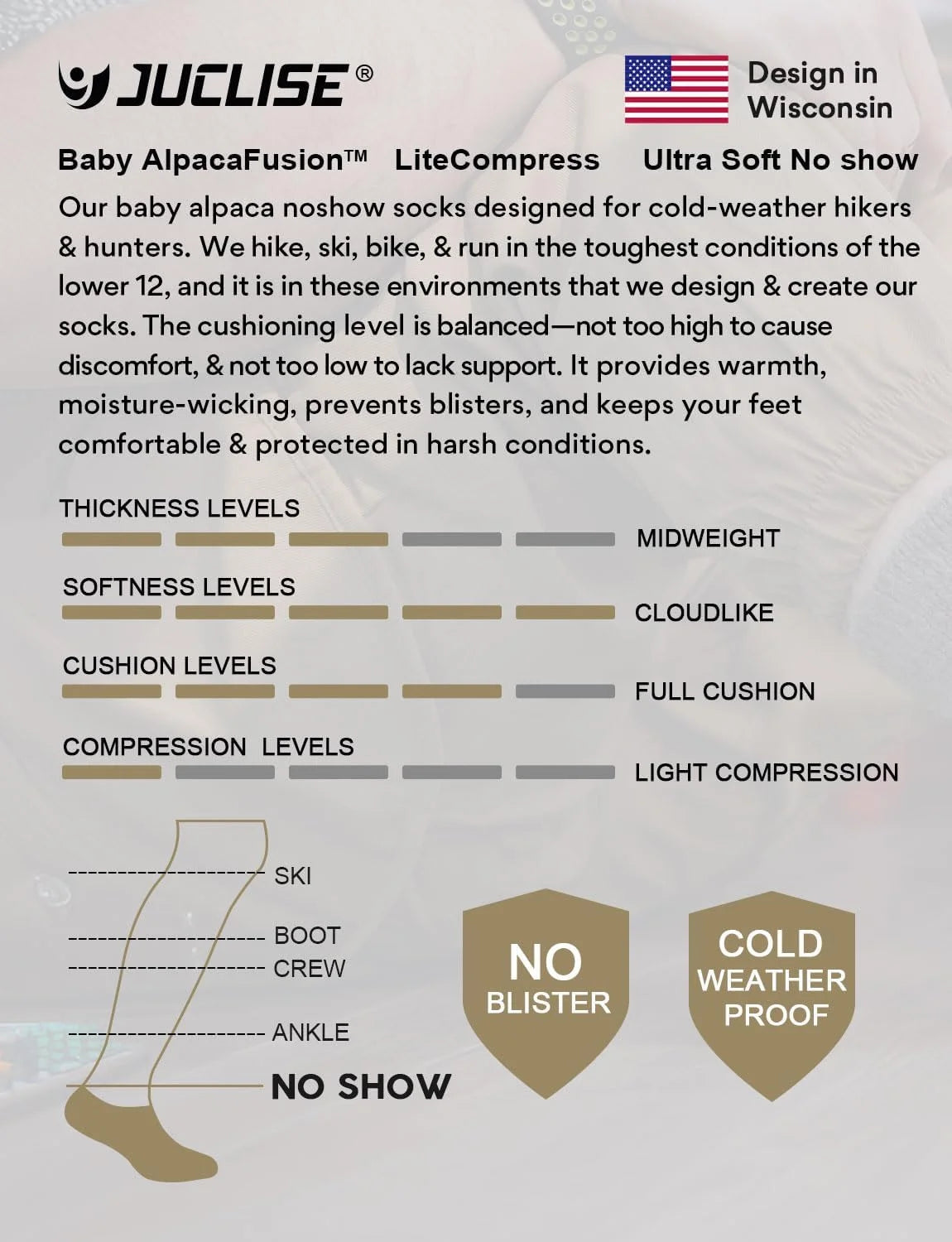 Juclise Baby Alpaca Wool Midweight No Show Socks for Men and Women, 2-Pack