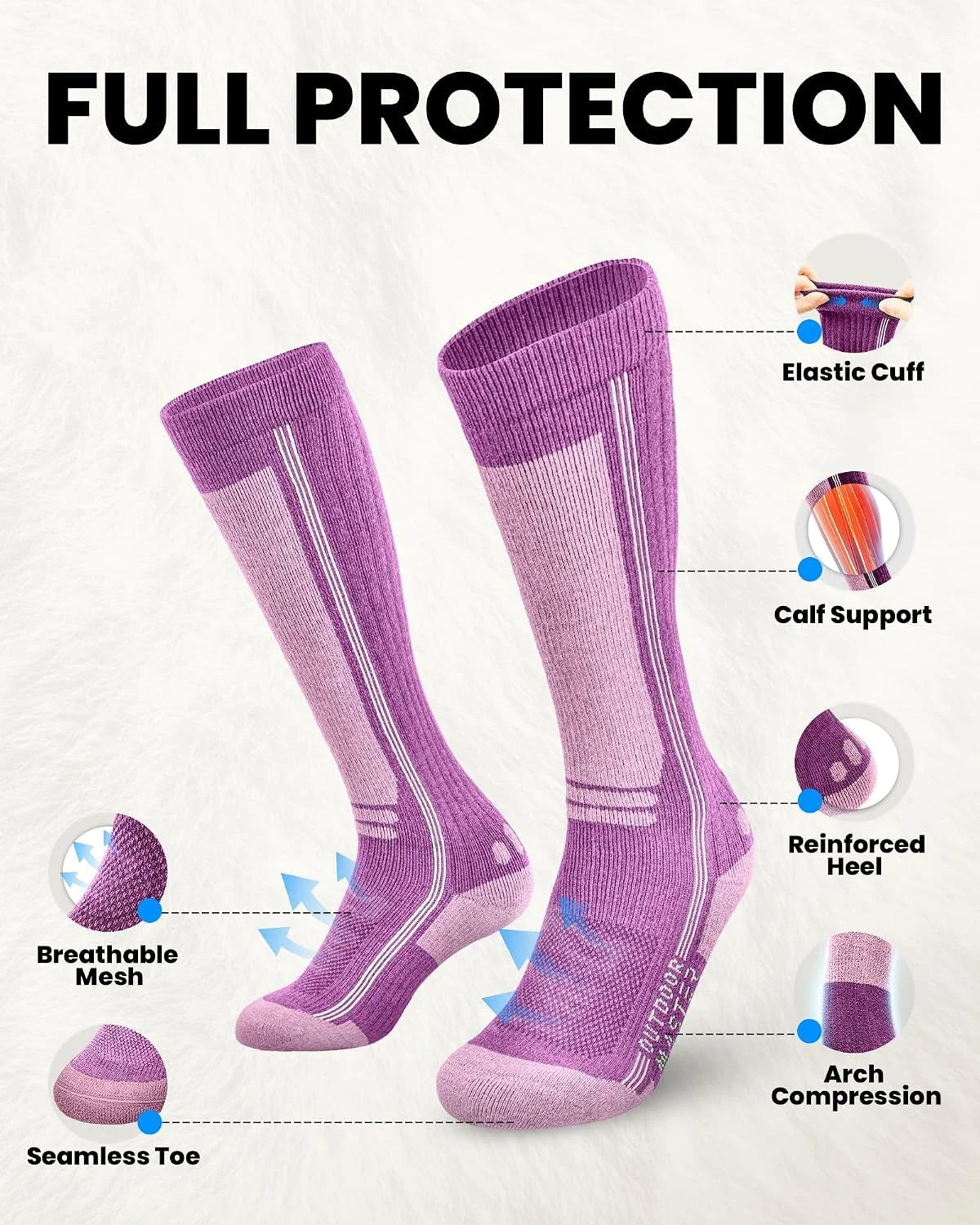OutdoorMaster Thermolite Merino Wool Ski Socks, Compression Thermal Socks
