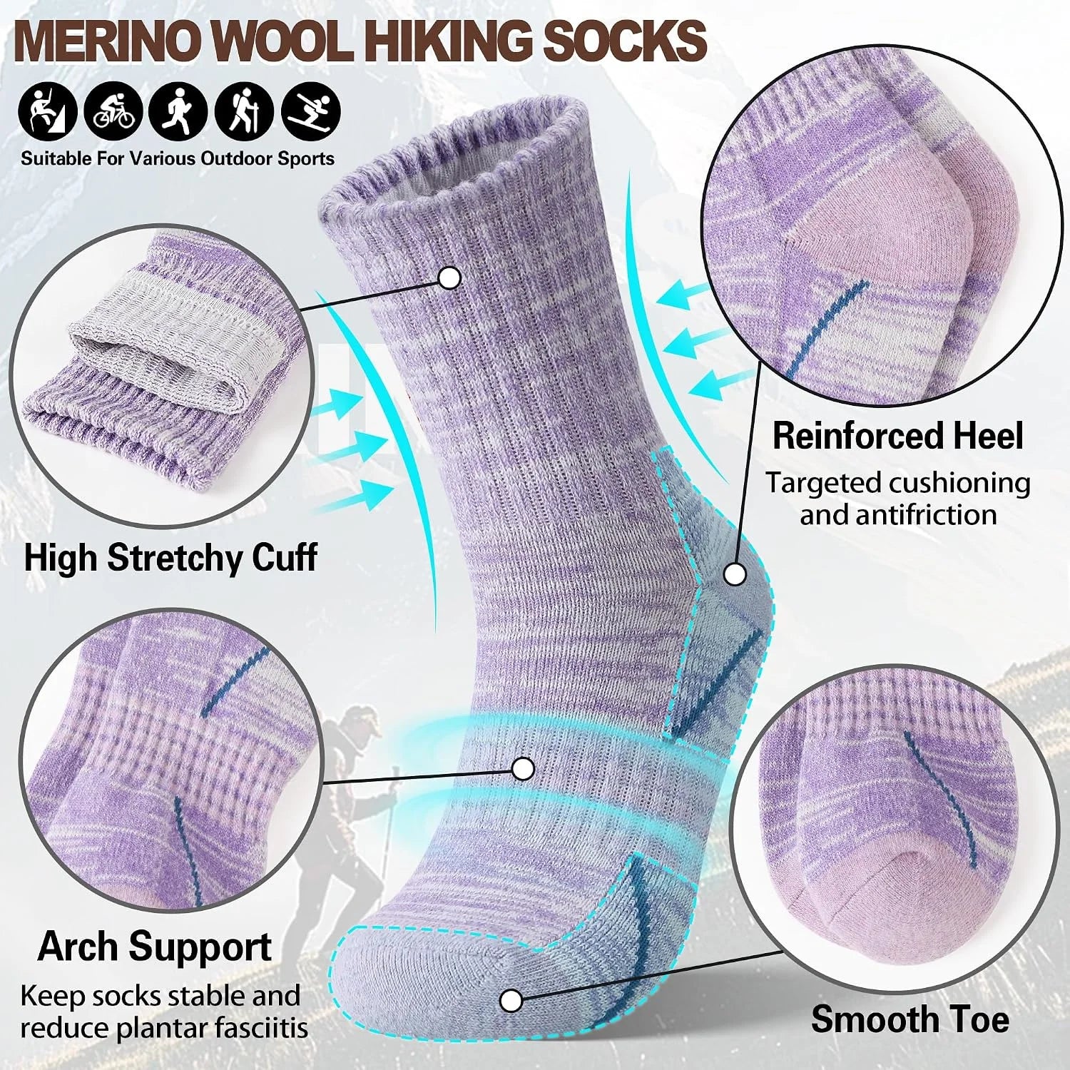 Sandsuced Merino Wool Hiking Socks Thermal Warm Winter Cozy Crew with Cushioned Sole & Moisture Wicking 5 Pairs for Women