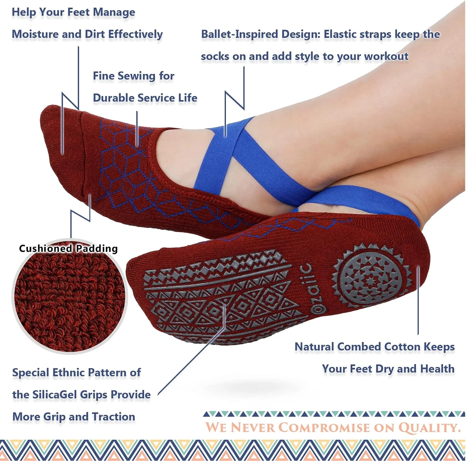 Ozaiic Pilates Socks for Women Non Slip Grip Yoga Barefoot Indoor Workout