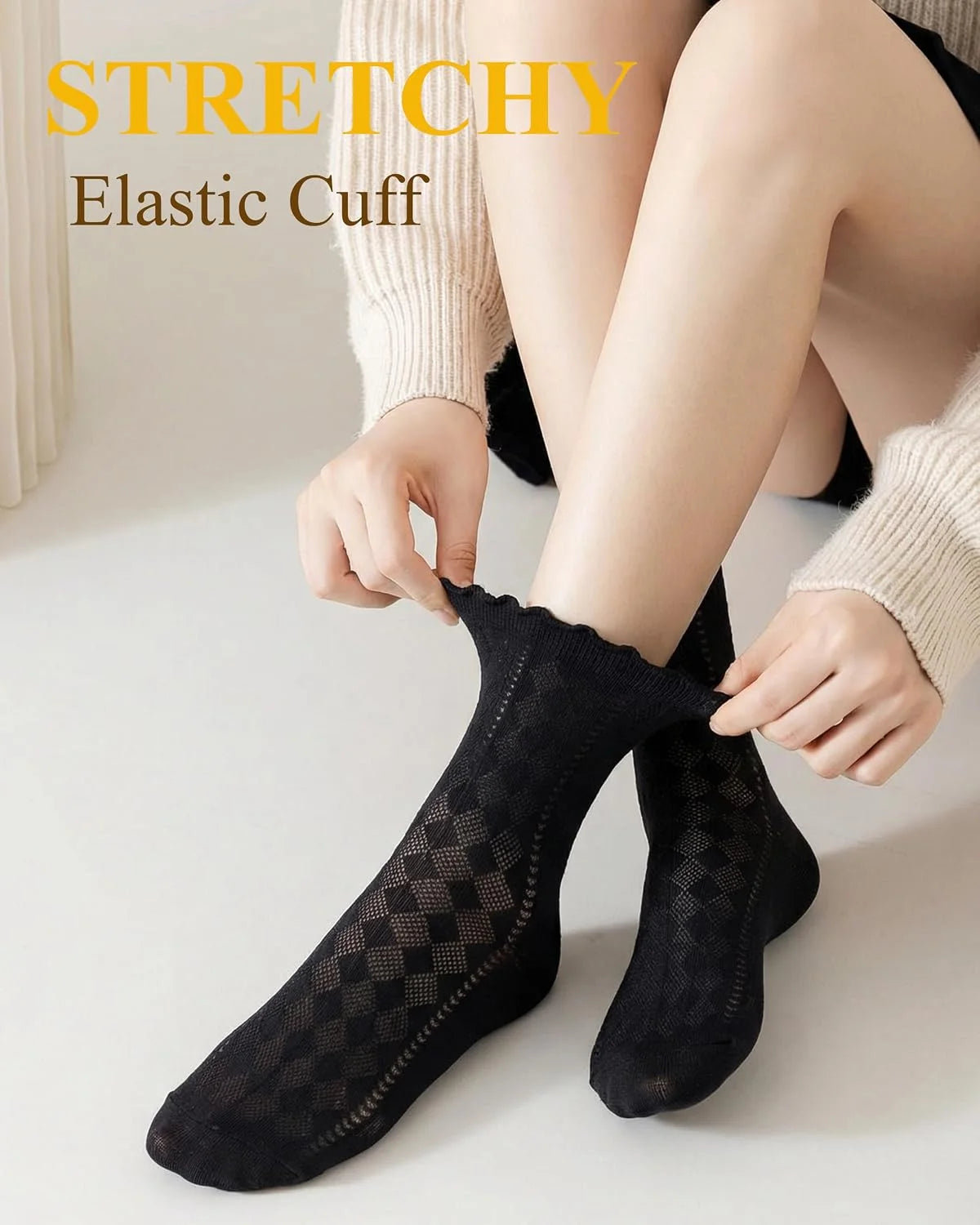 Women's Ruffle Socks Casual Lace Cotton Crew Thin Black Frilly Cute Ankle Socks for Women 6 Pairs