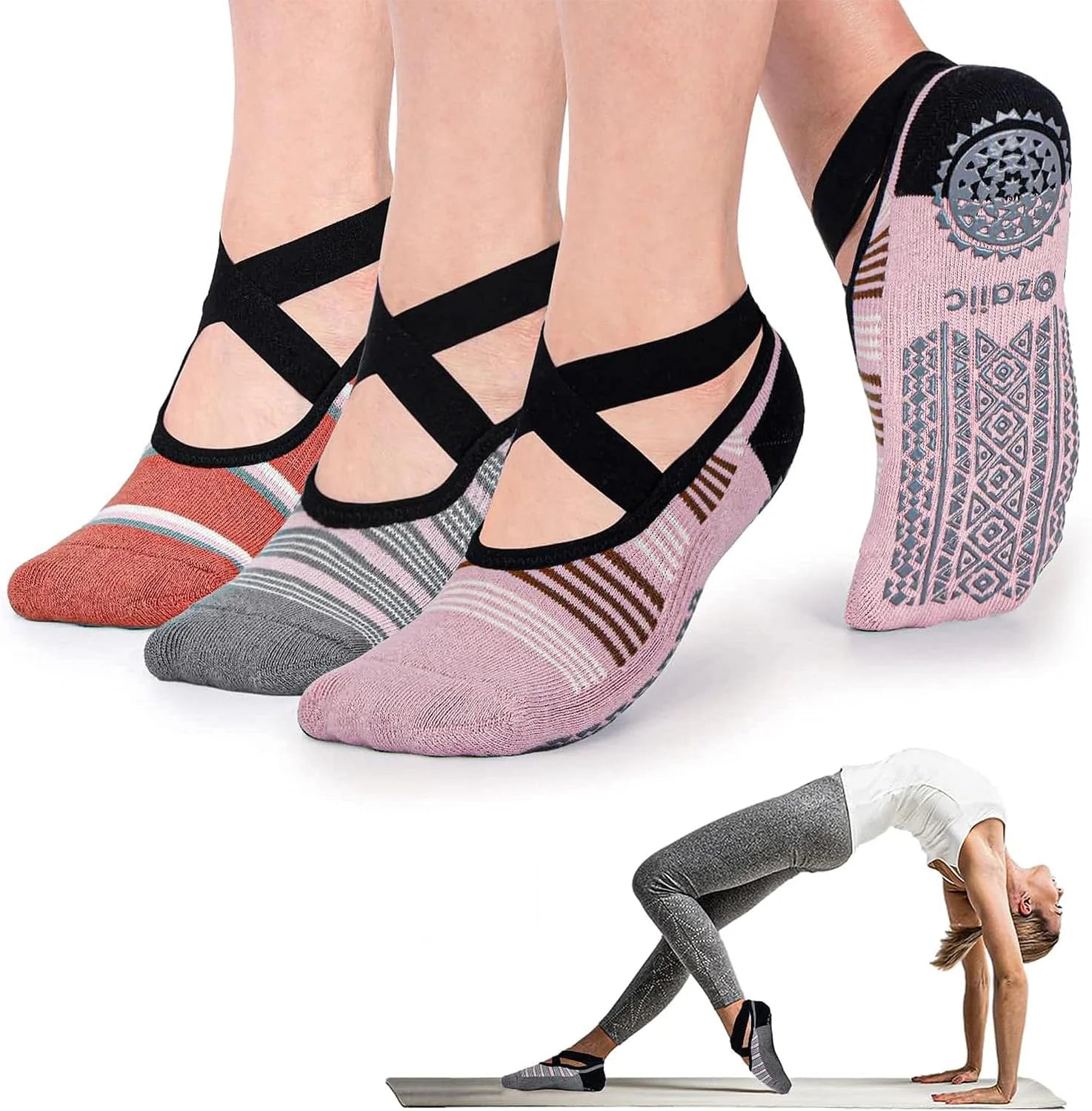 Ozaiic Pilates Socks for Women Non Slip Grip Yoga Barefoot Indoor Workout