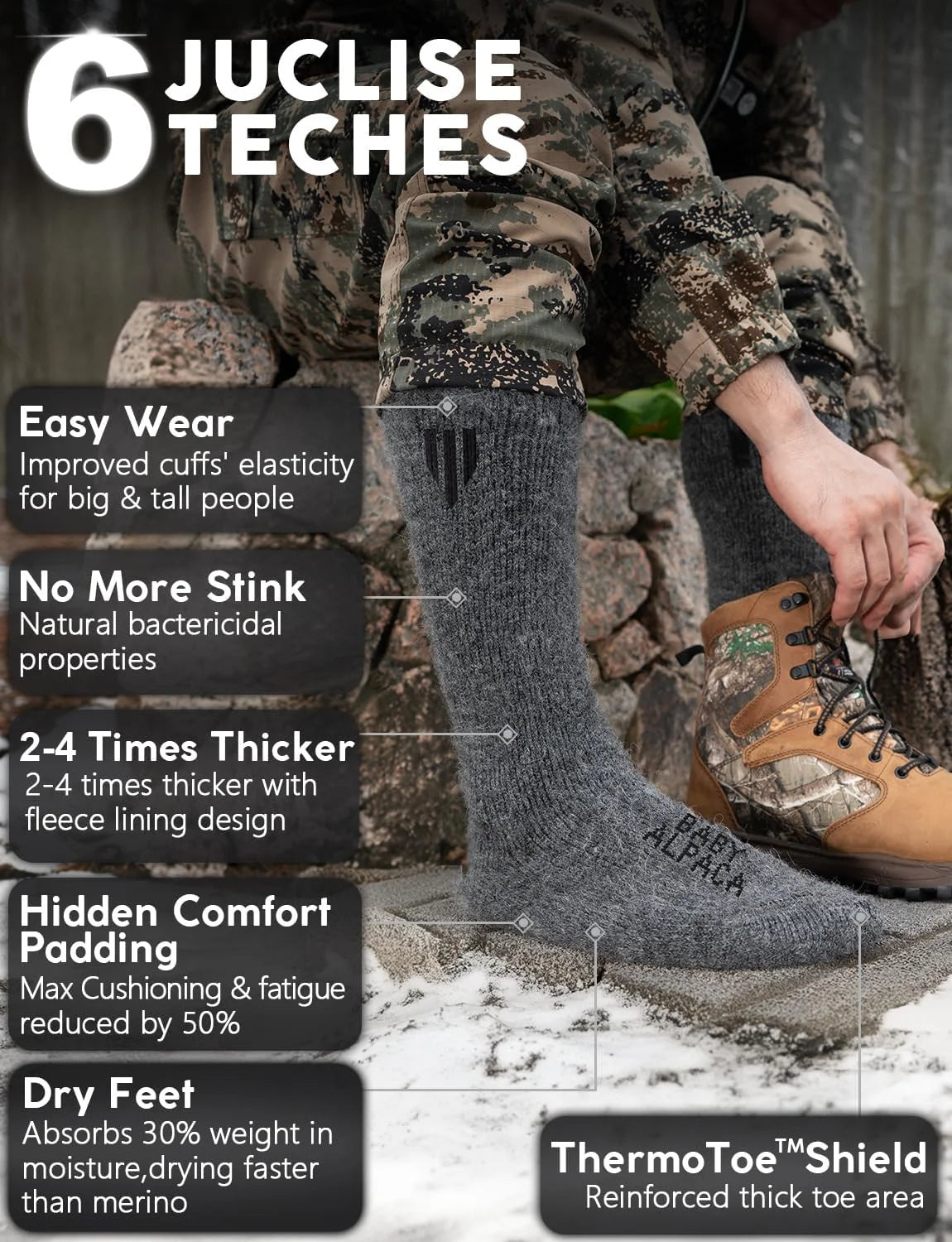 Juclise Alpaca Wool Boot Socks Men and Women, Heavyweight Thick Thermal Socks Cold Weather Hunting Hiking, Moisture Wicking
