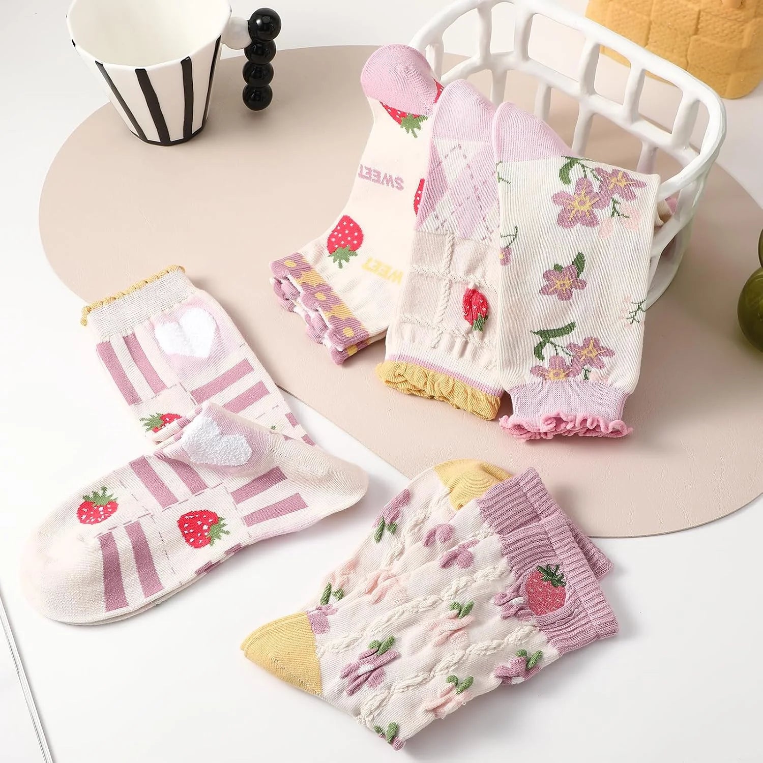 5/6 Pair Crew Socks for Women Floral Socks
