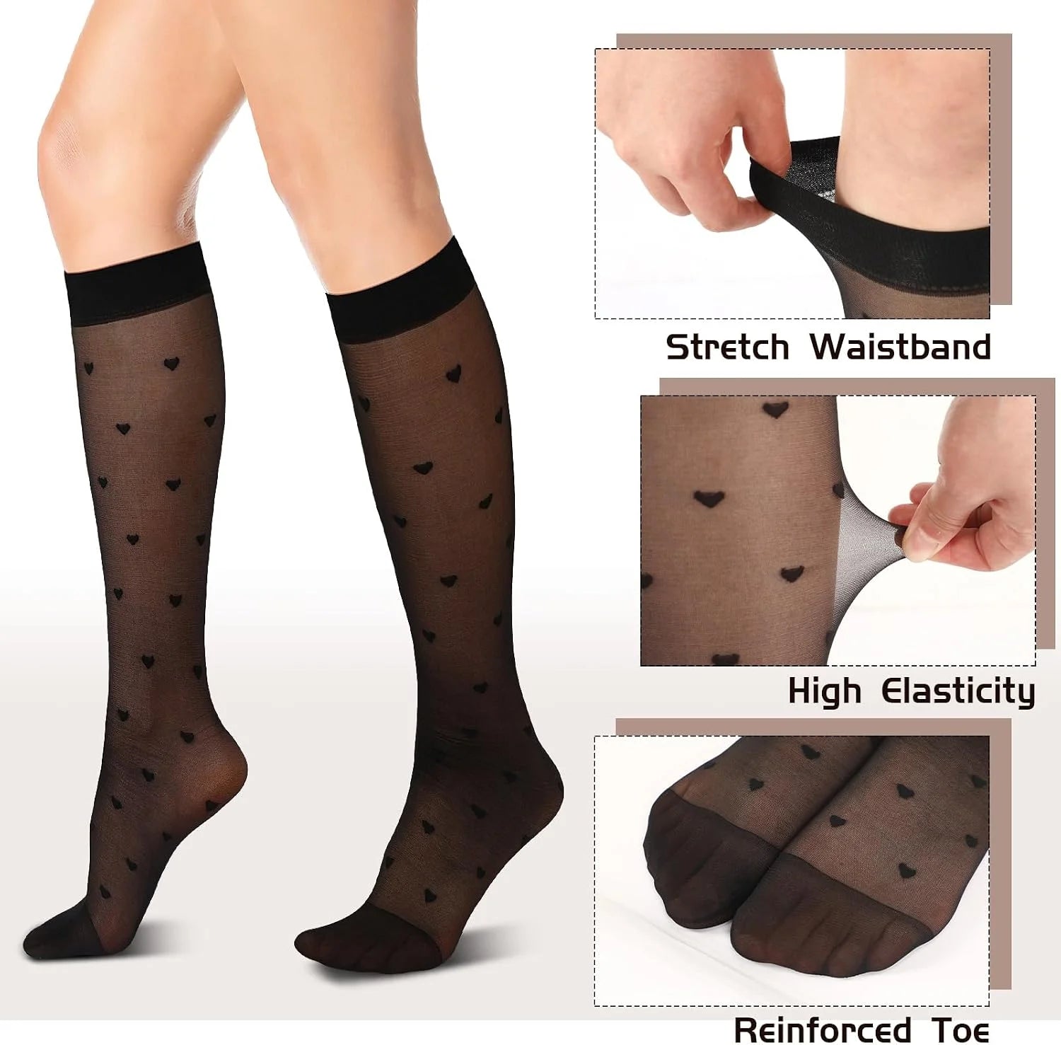 6 Pairs Women's Lace Socks Lace Knee High Socks Black White Fishnet Mesh Lace Hollow out Women Stockings