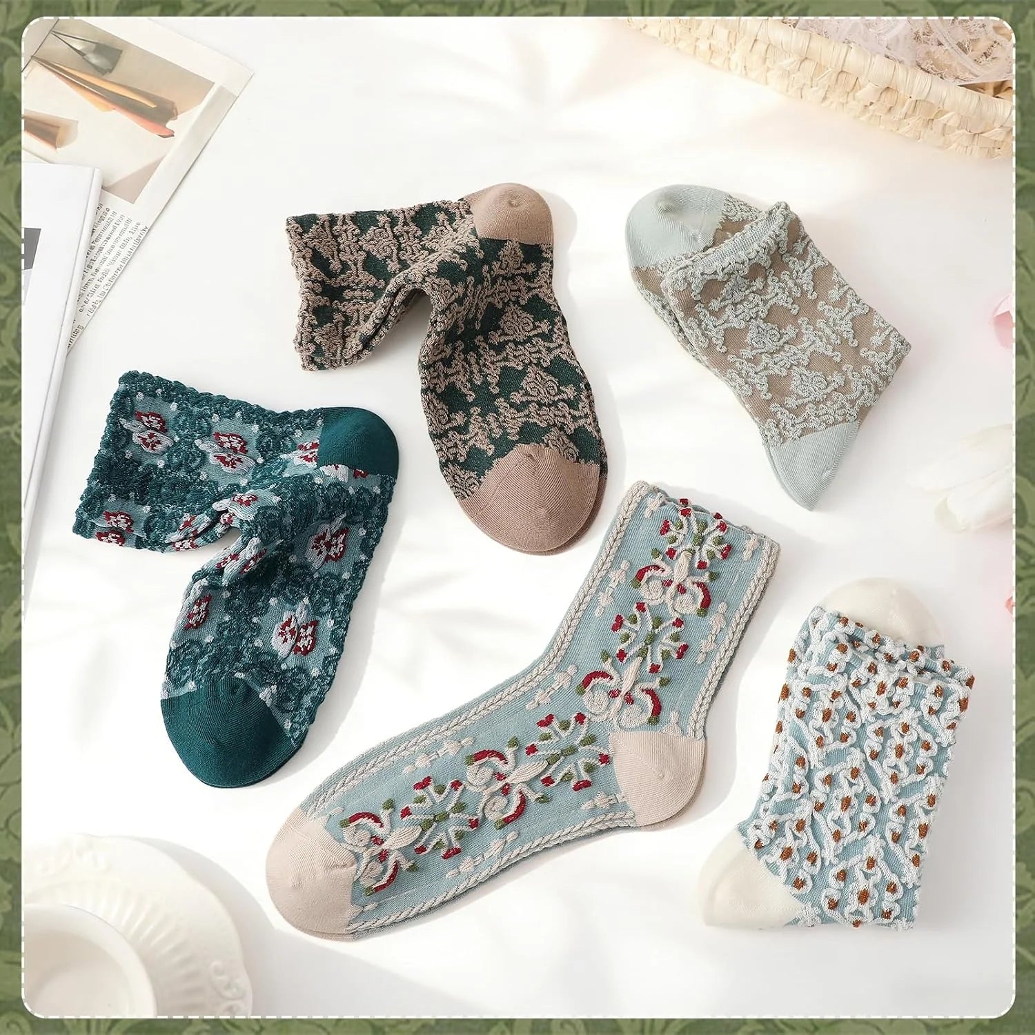 5/6 Pair Crew Socks for Women Floral Socks