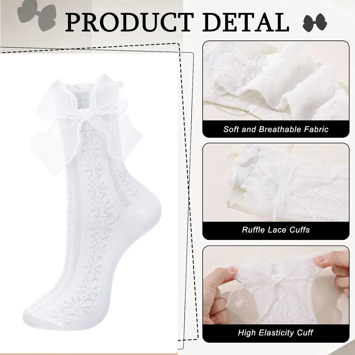 6/8 Pairs Women Lace Ruffle Crew Socks Frilly Bow Lolita Style