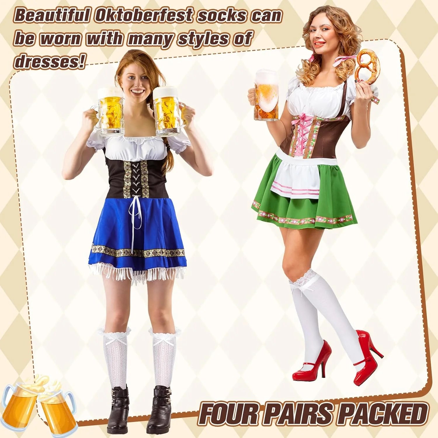 Suhine 2 Pair Oktoberfest Socks Dirndl Knee High Socks