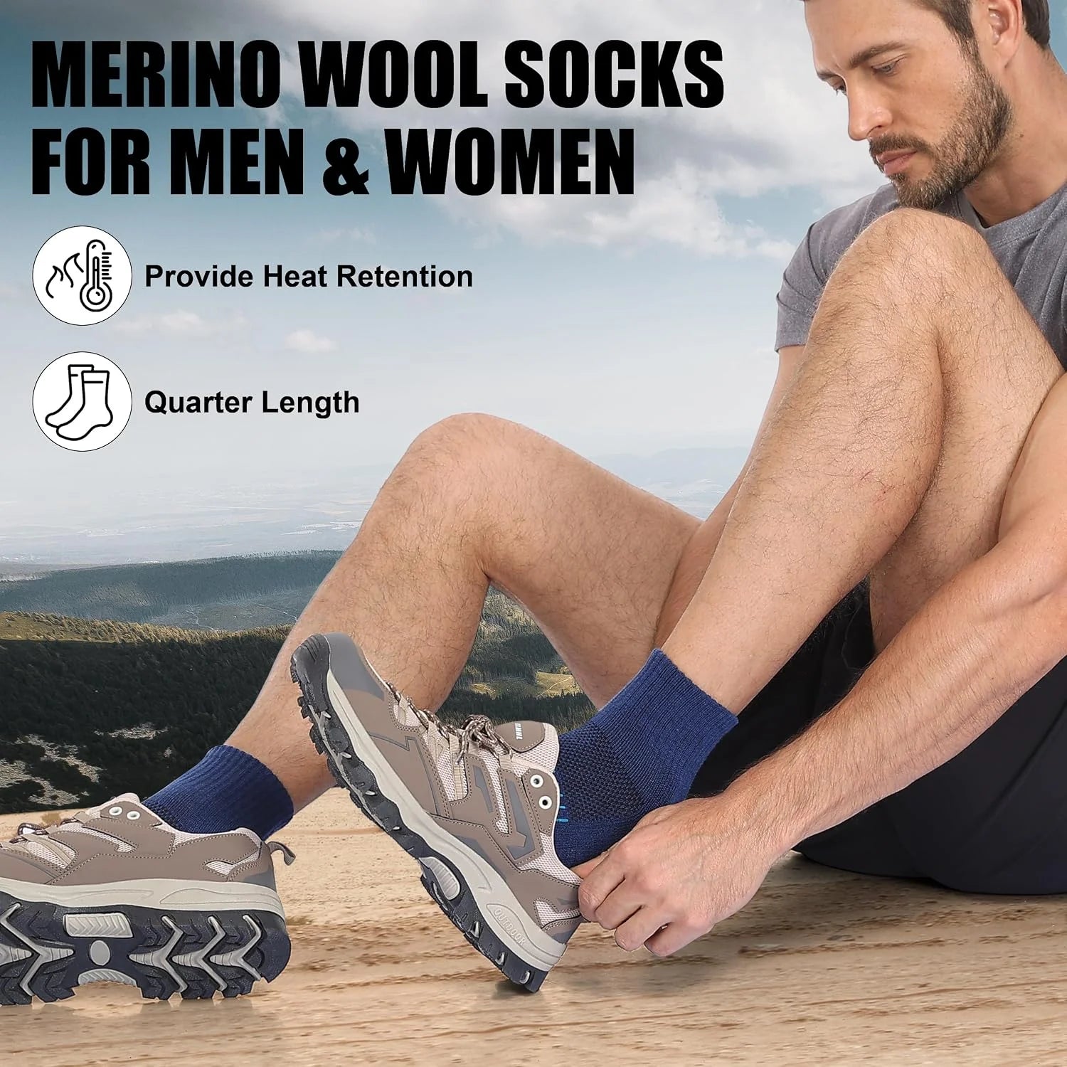 Lapulas Merino Wool Quarter Socks for Men Women, Hiking Running, 5 Pairs