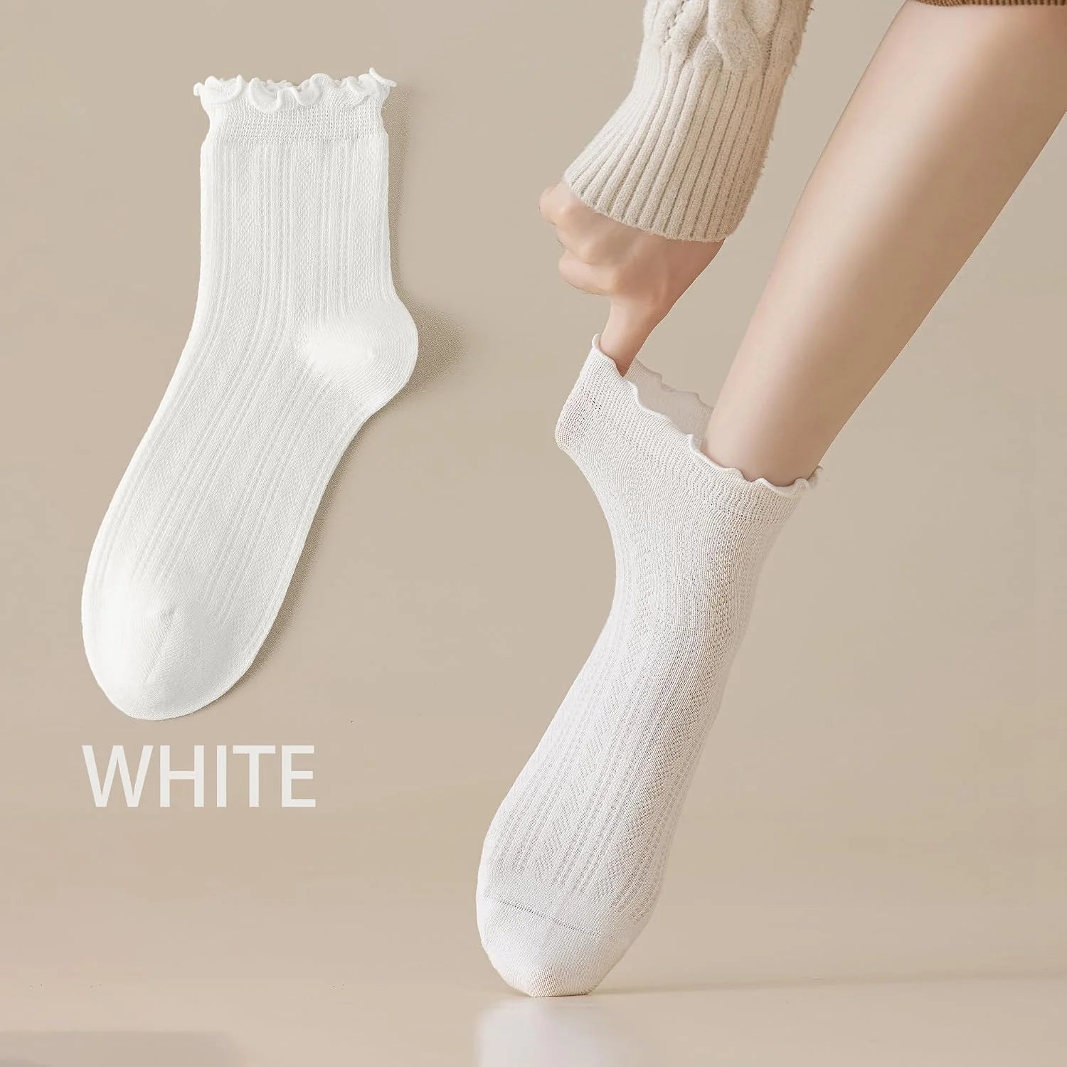 Mcool Mary Womens Crew Socks Ruffle Casual Cotton Frilly Breathable Cute Knit Lettuce Trim Dress Ankle Socks 6 Pack