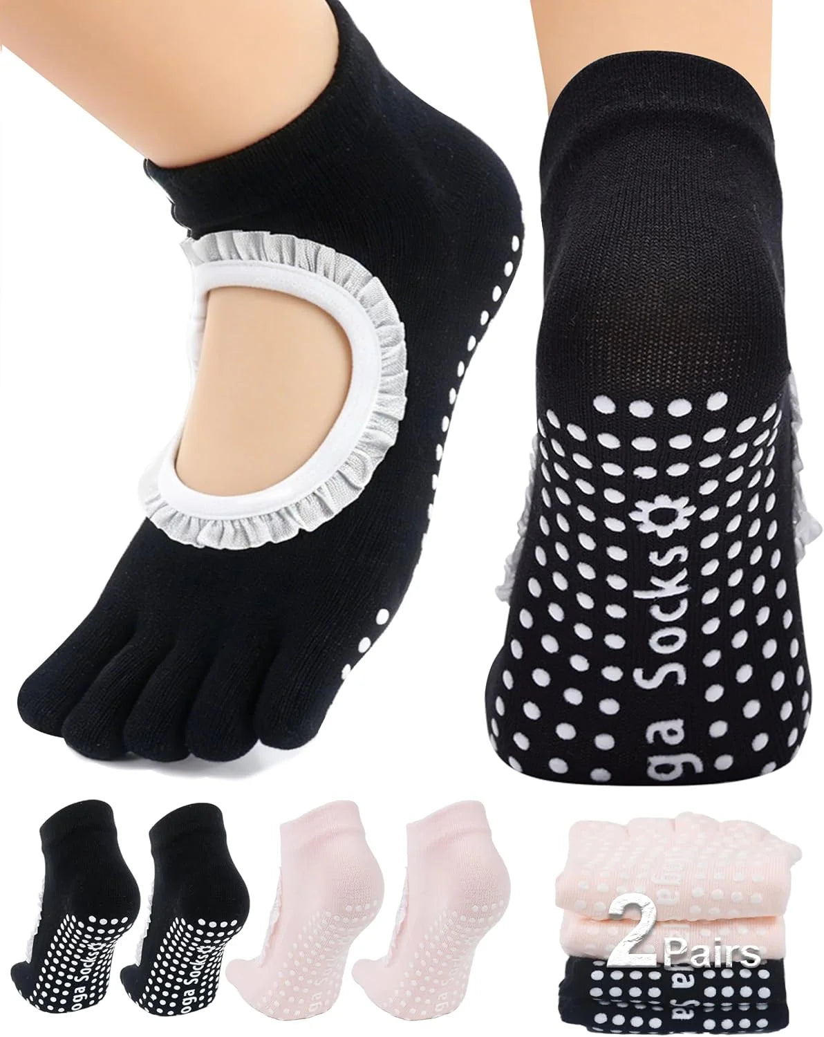 1/2 Pairs Pilates Socks for Women Non Slip Toe Grip Socks