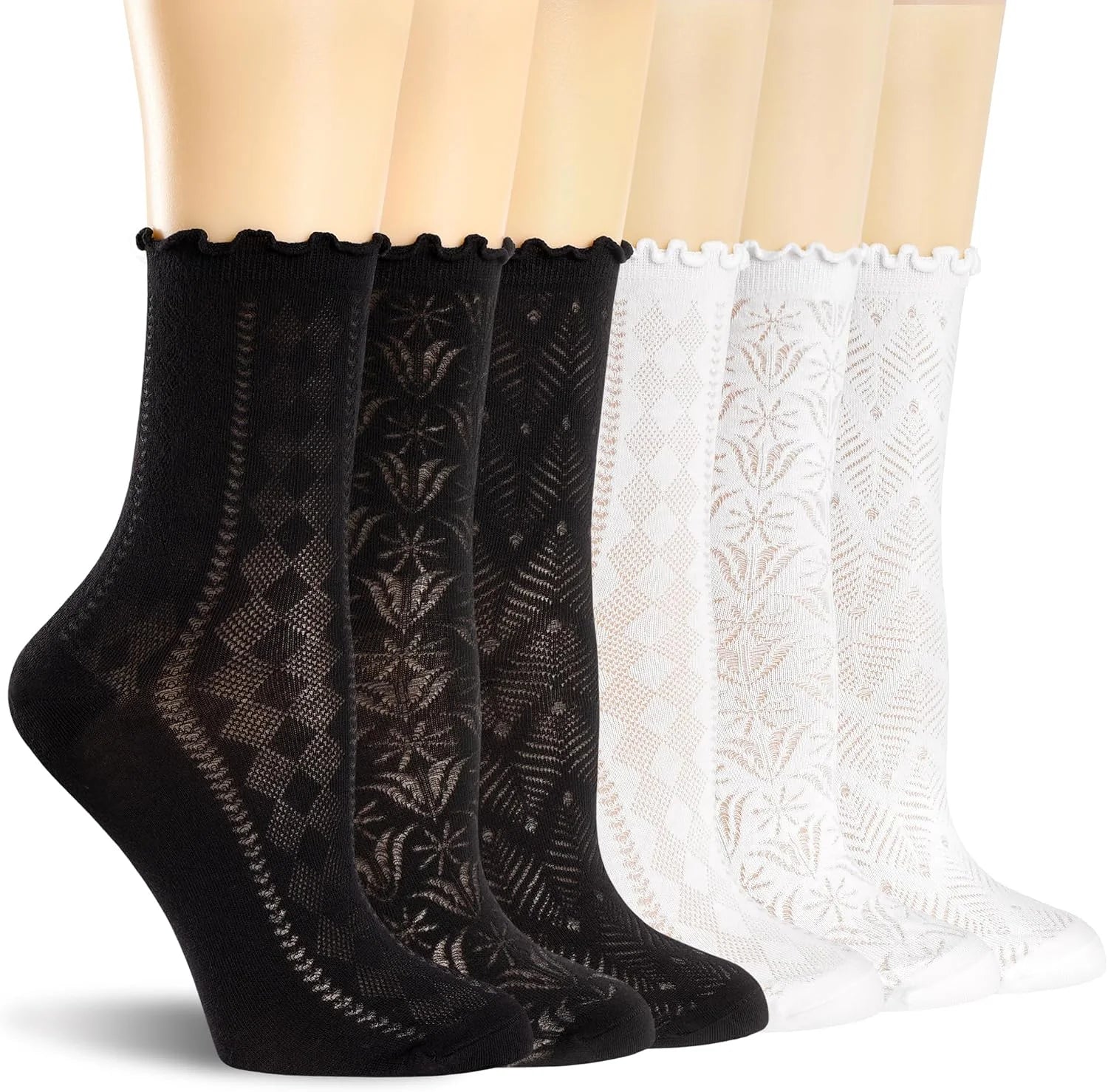 Women's Ruffle Socks Casual Lace Cotton Crew Thin Black Frilly Cute Ankle Socks for Women 6 Pairs
