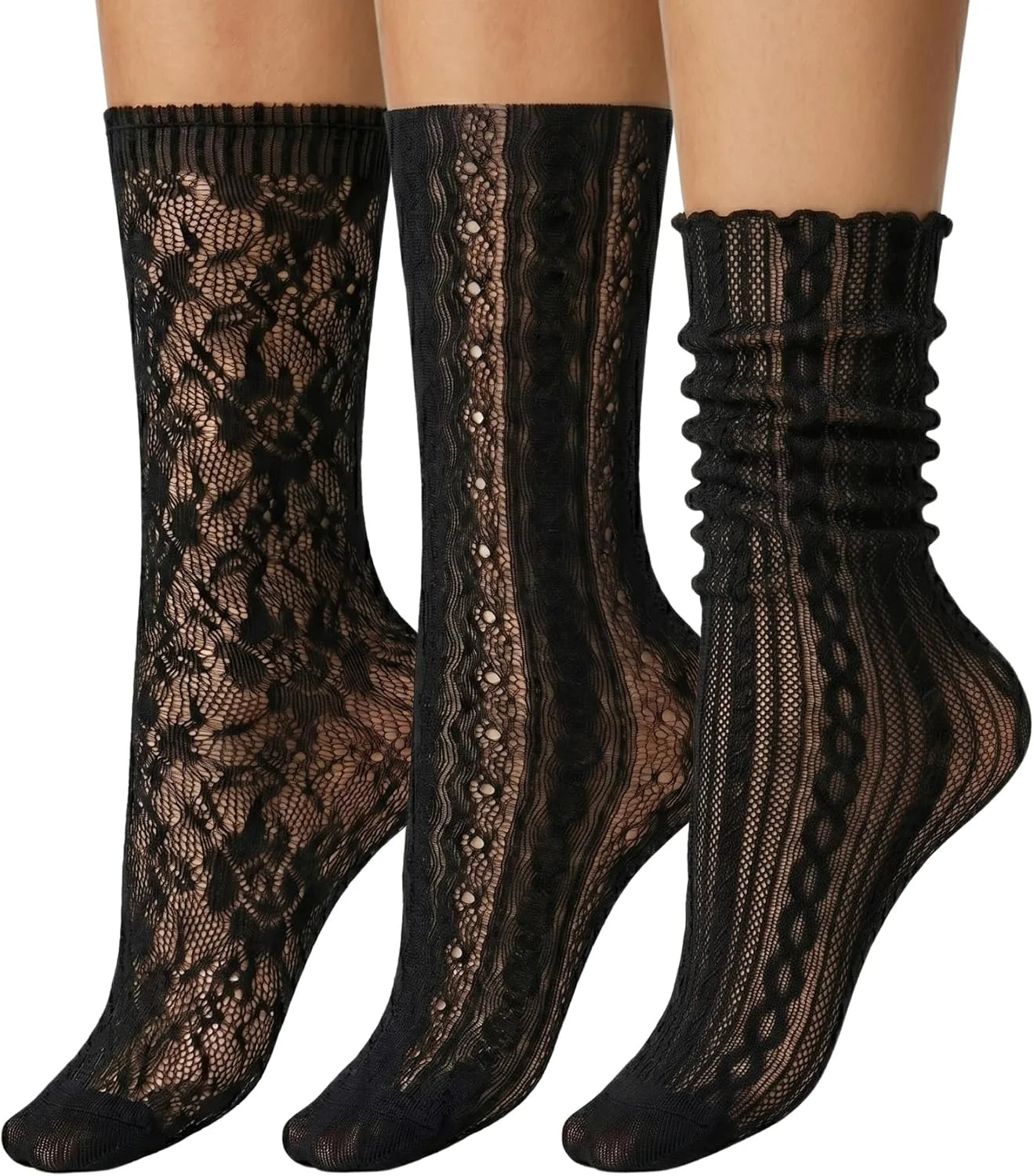 6 Pairs of Lace Crew Socks for Women, Sheer Socks with Design by Daisy&Dino