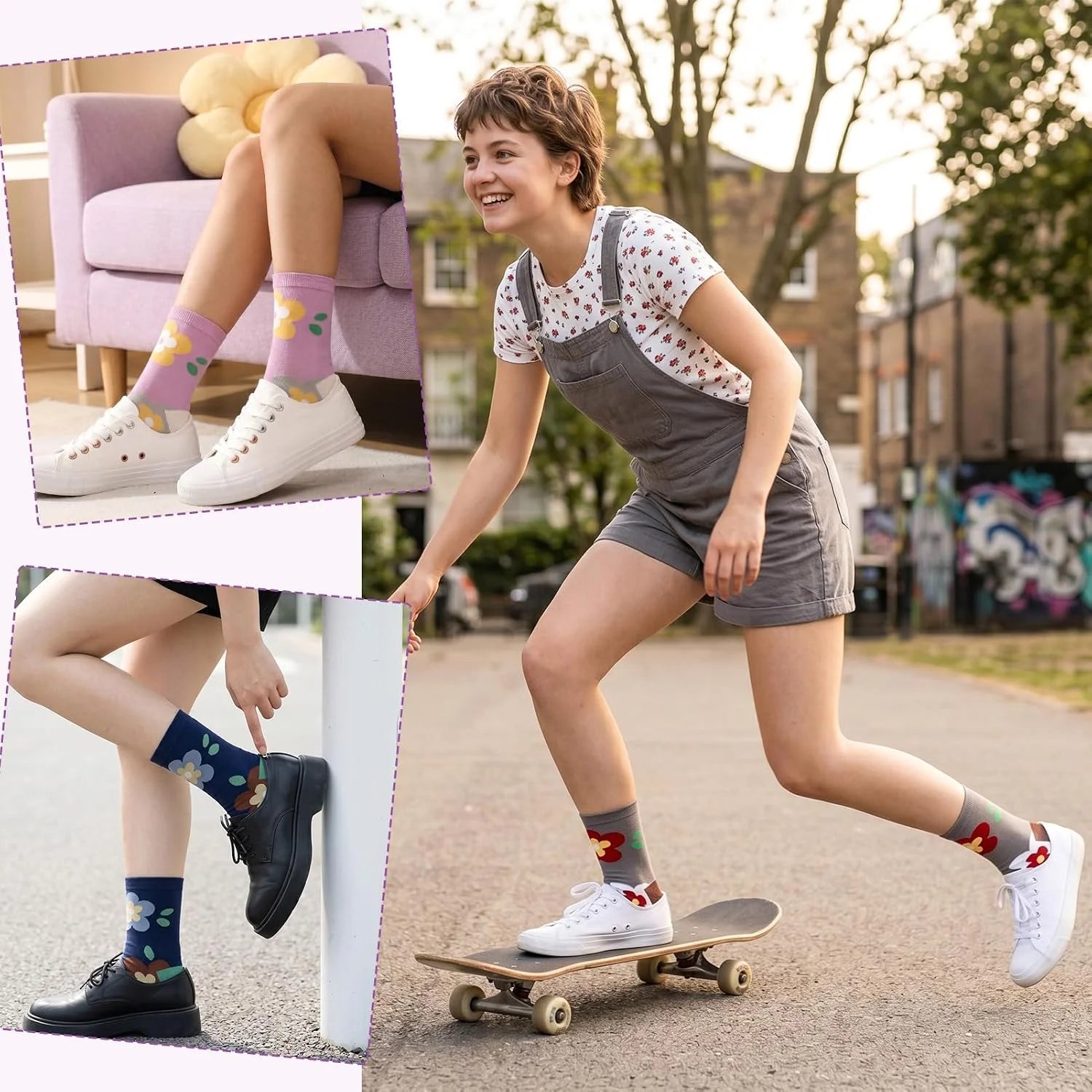 5/6 Pair Crew Socks for Women Floral Socks