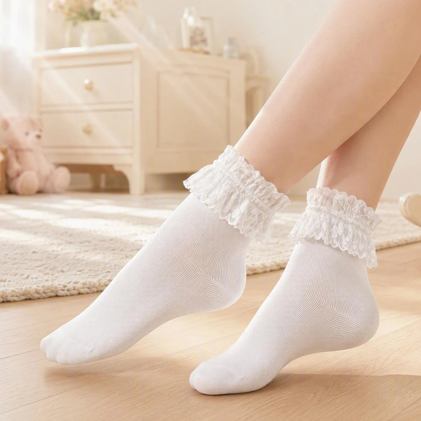 Women's Lace Ruffle Socks, White, Black, Cream Lace Socks with Ruffles Trim