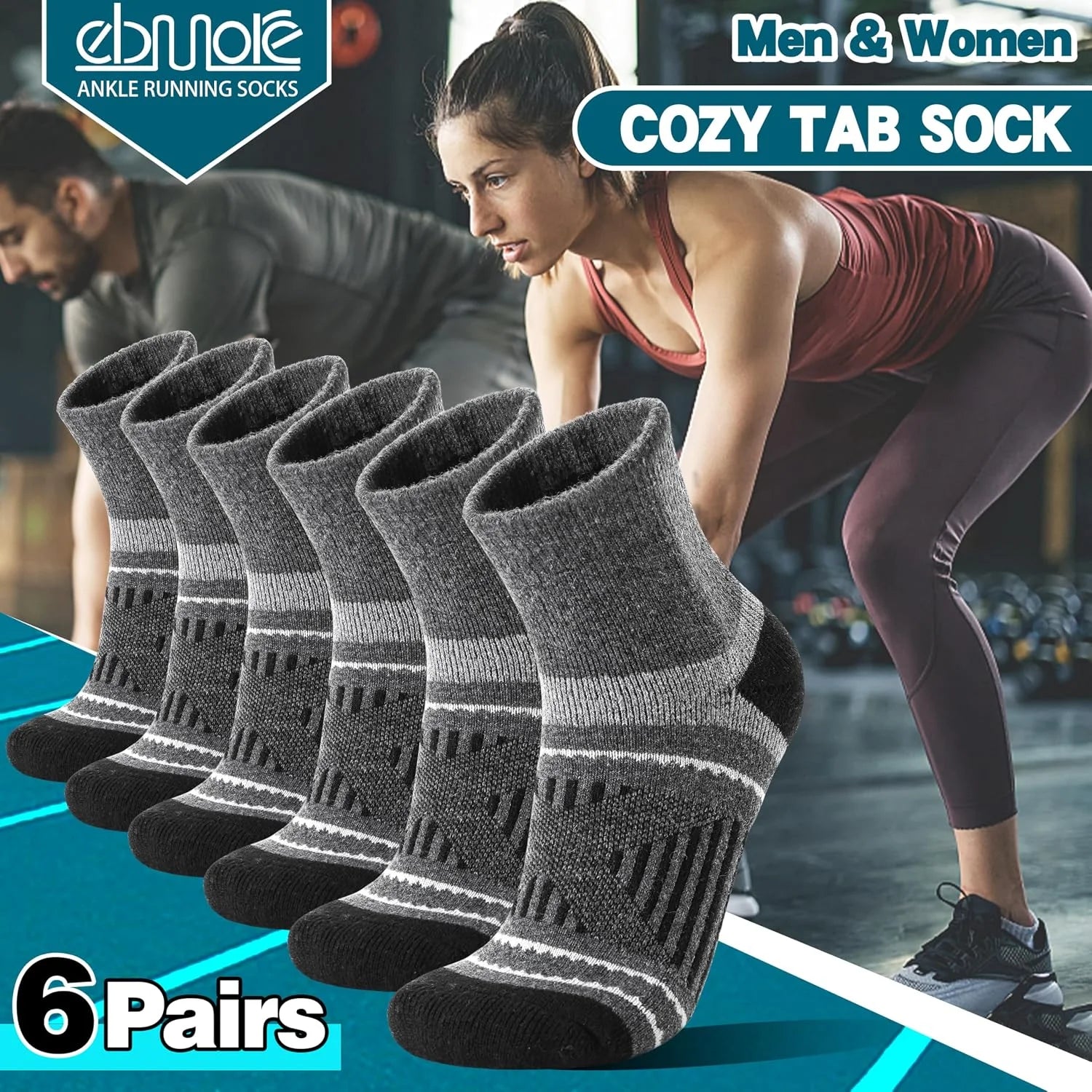EBMORE 6 Pairs Merino Wool Ankle Hiking Running Socks Compression Support Thick Cushion No Show Socks for Men Women