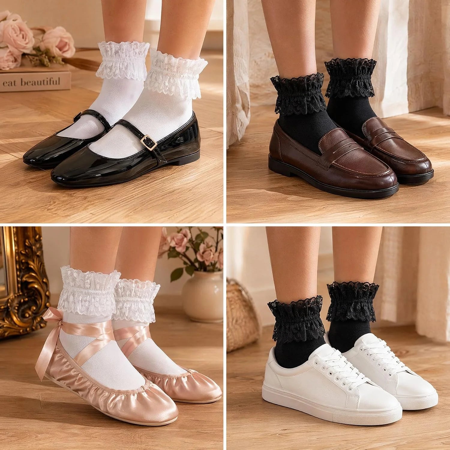 Women's Lace Ruffle Socks, White, Black, Cream Lace Socks with Ruffles Trim