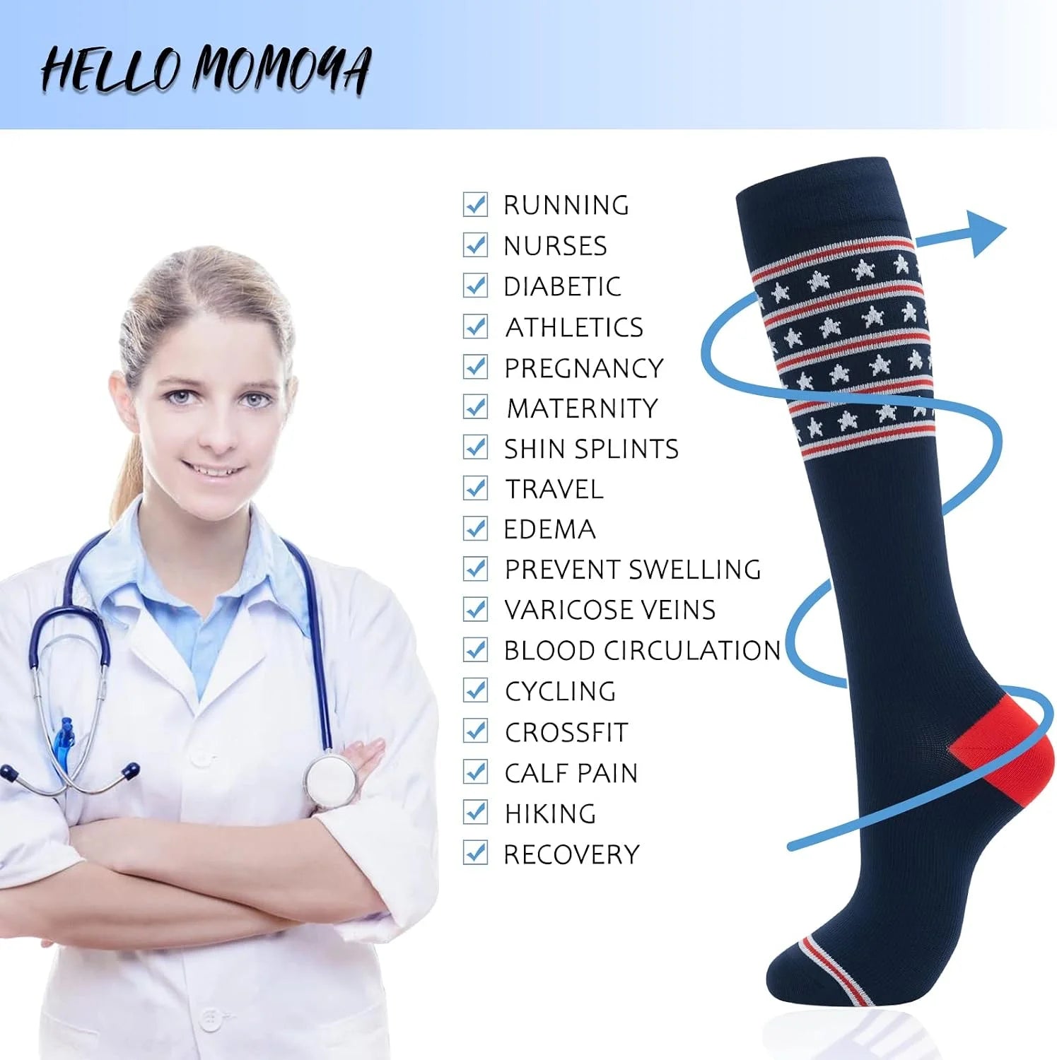 hello momoya Compression Socks for Women Men Circulation Knee High 8 Pairs for Nurses, Running, Travel, Athletic