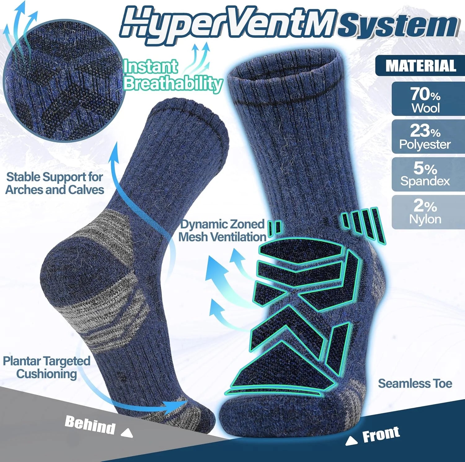 ANTSANG Merino Wool Hiking Socks, Enhanced Breathability, for Men and Women