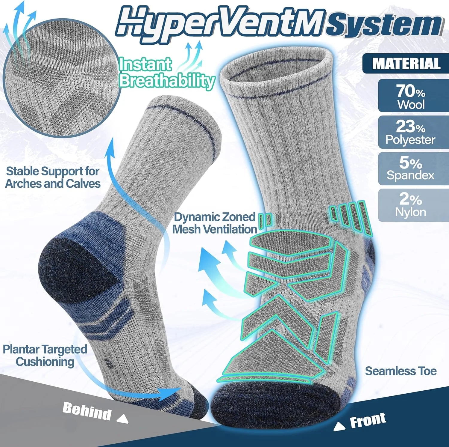 ANTSANG Merino Wool Hiking Socks, Enhanced Breathability, for Men and Women