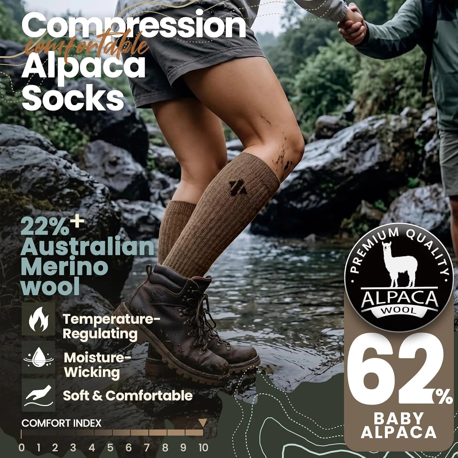 Alpaca Compression Socks for Men & Women, 15-20 mmHg Knee High Graduated Circulation Support, Moisture Wicking