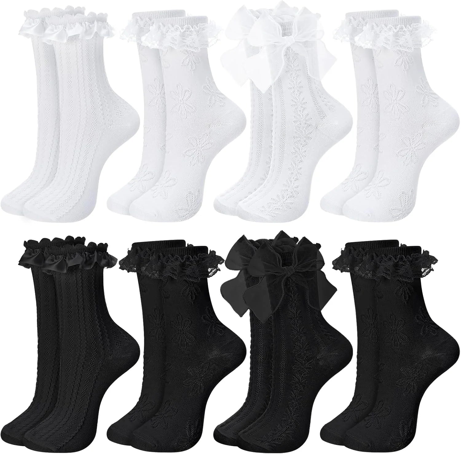 6/8 Pairs Women Lace Ruffle Crew Socks Frilly Bow Lolita Style