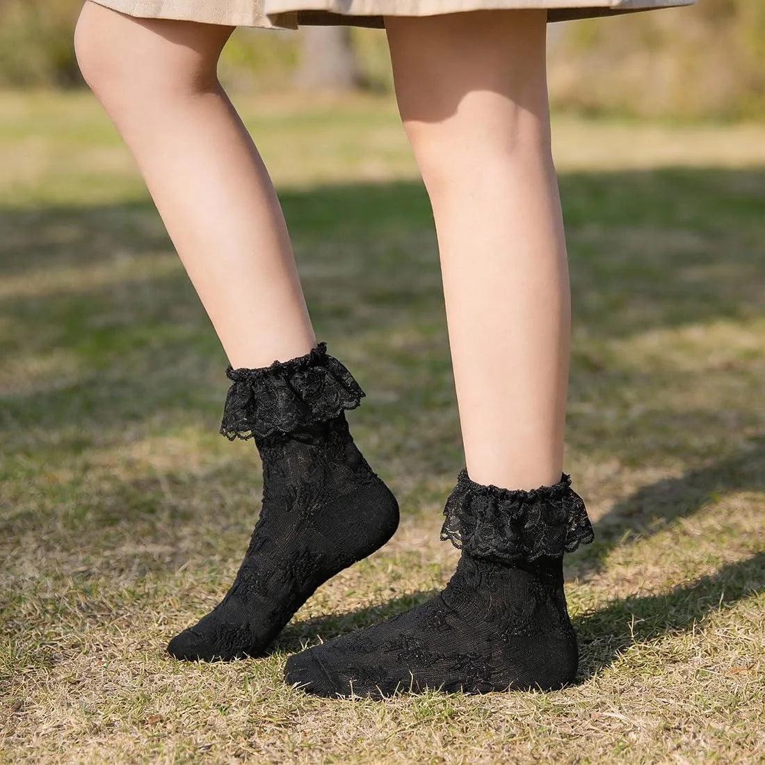 Women's Lace Ruffle Socks, White, Black, Cream Lace Socks with Ruffles Trim
