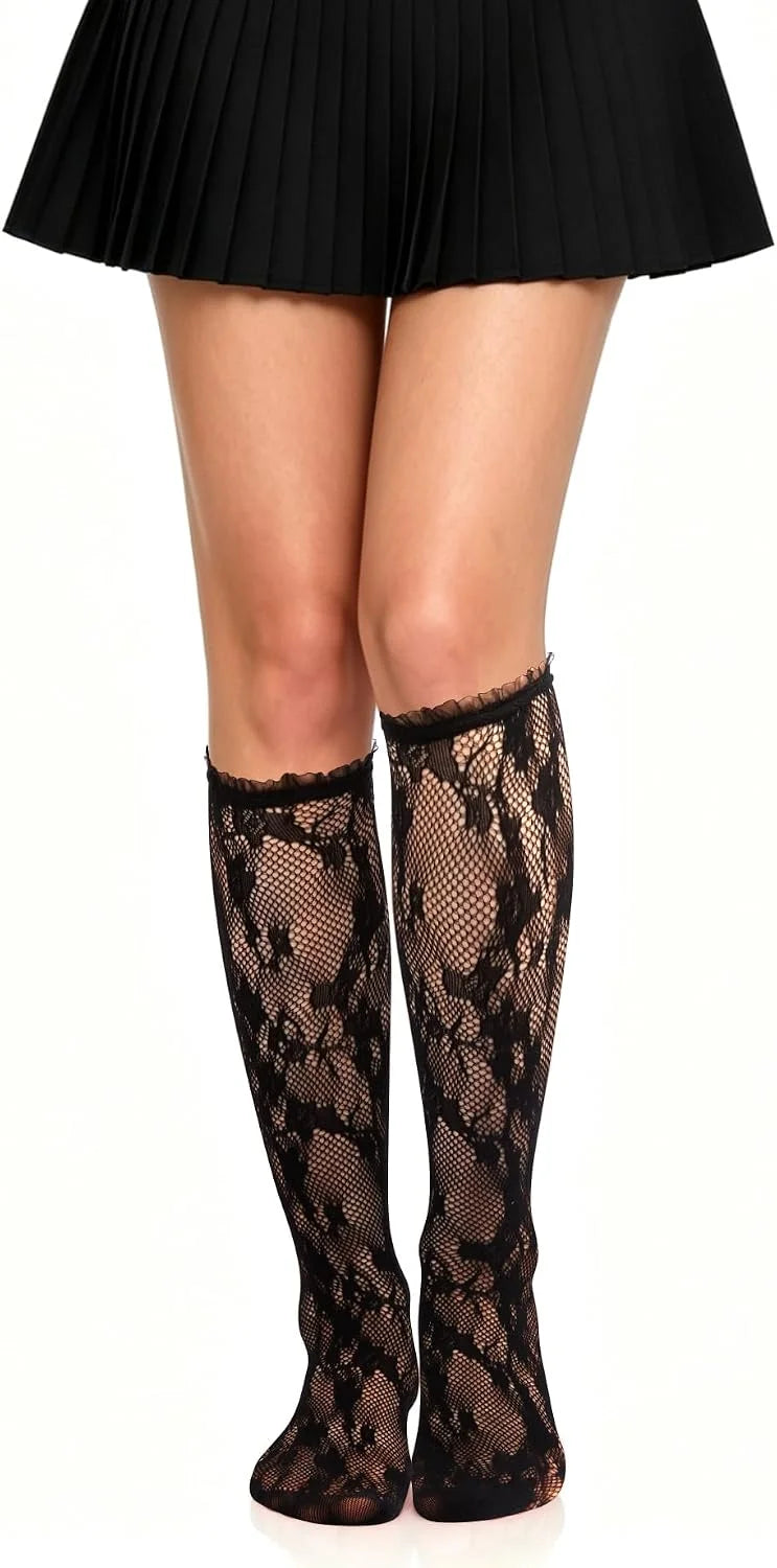 Benefeet Sox Womens Fishnet Knee High Socks Lace Ruffle Long Socks