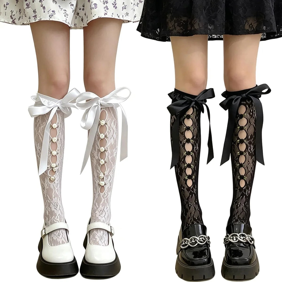 2Pair Lace Knee High Socks With Bowknot Fishnet Mesh Stocking Summer Cute Lace Lolita Socks