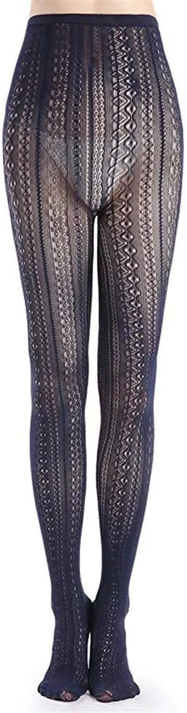 SurBepo Women Fishnet Hollow Out Knitted Patterned Thick Warm Stockings Tights Vertical Strips Pantyhose For Female