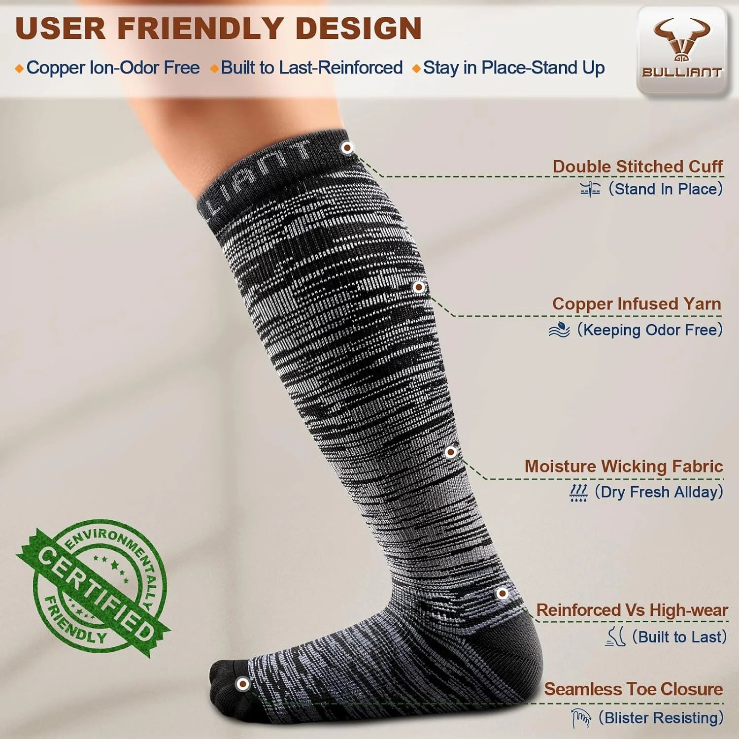 BULLIANT Men Cushioned Compression Sports Recovery Knee-High Socks 3Pack