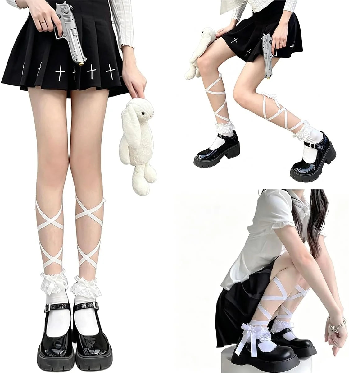 2Pair Lace Knee High Socks With Bowknot Fishnet Mesh Stocking Summer Cute Lace Lolita Socks