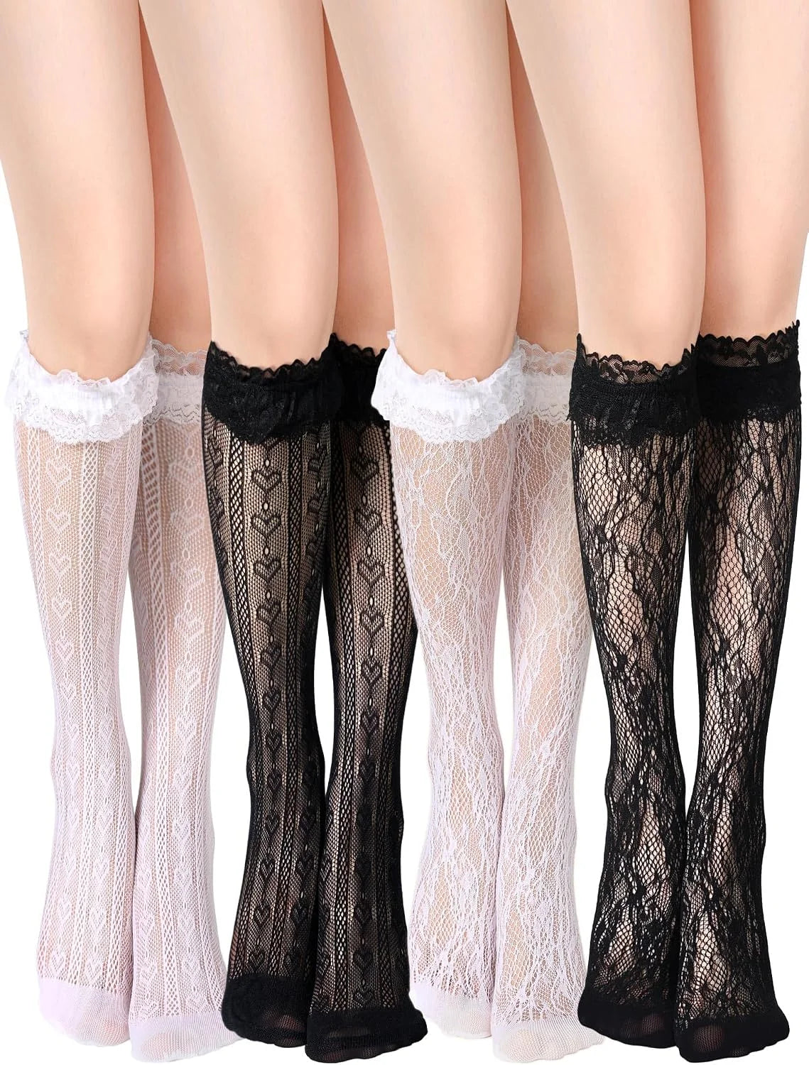 Geyoga 4 Pairs Women's Lace Socks Fishnet Mesh Knee High Stockings Lace Ankle High Socks for Women