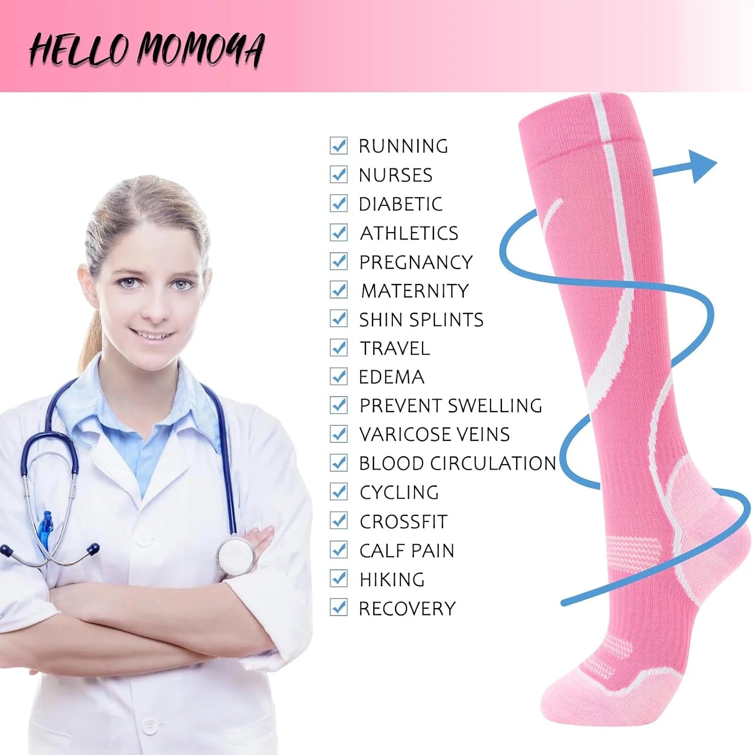 hello momoya Compression Socks for Women Men Circulation Knee High 8 Pairs for Nurses, Running, Travel, Athletic